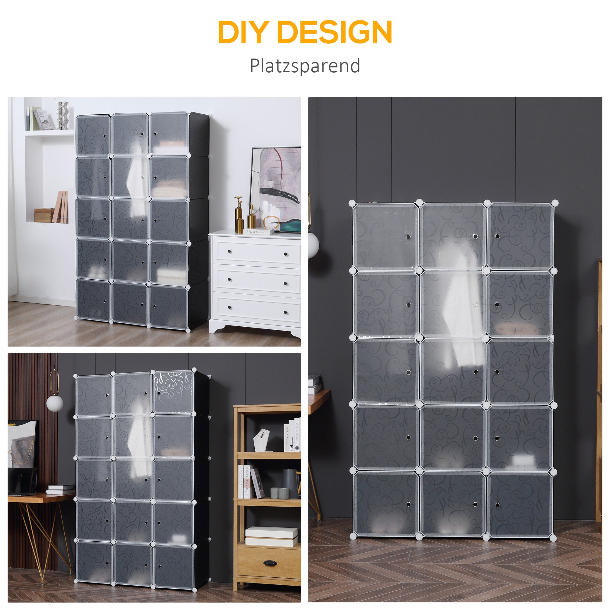HOMCOM Kleiderschrank im Würfeldesign, 2 große und 9 kleine Würfel, Kunststoff, Metall, 111L x 47B x 183H cm, Schwarz+Weiß