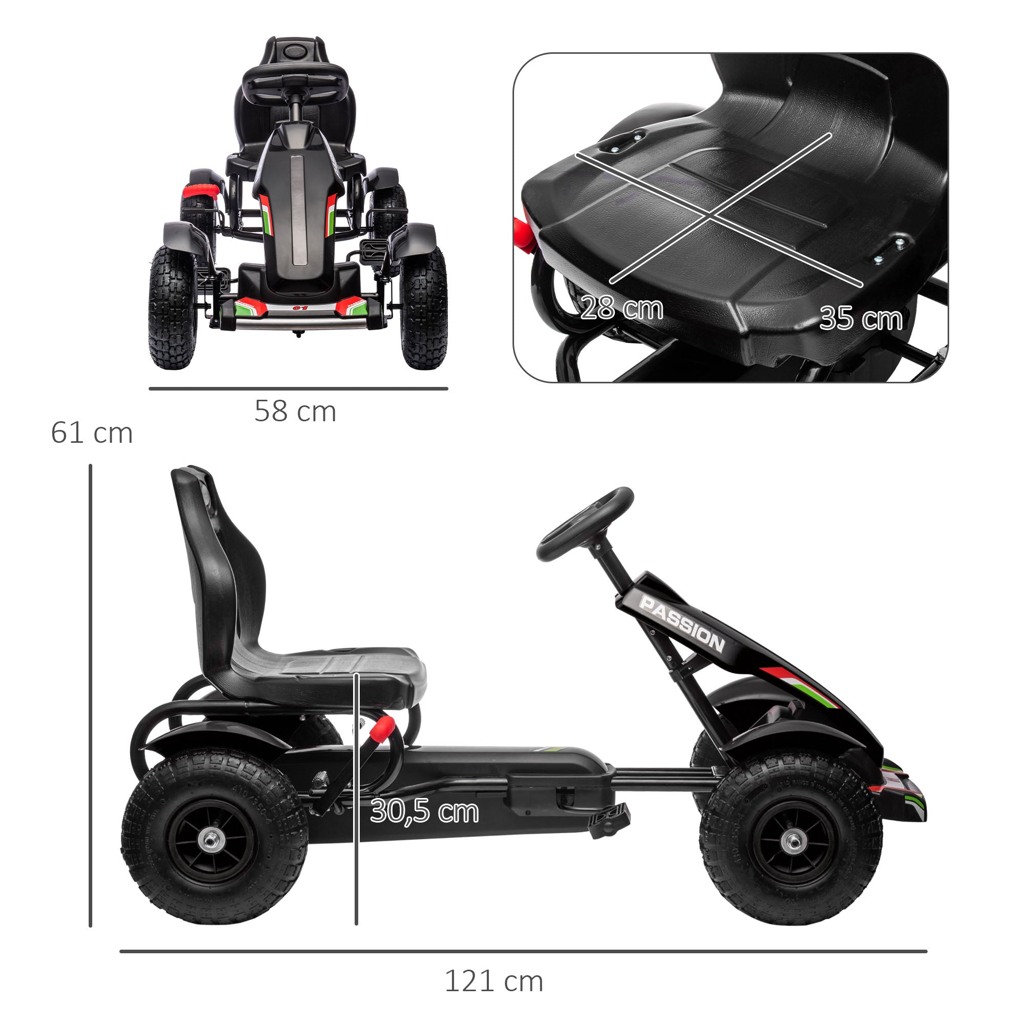 HOMCOM Kinder-Gokart, verstellbarer Sitz, Handbremse, ab 5 Jahren, 121 x 58 x 61 cm, Schwarz
