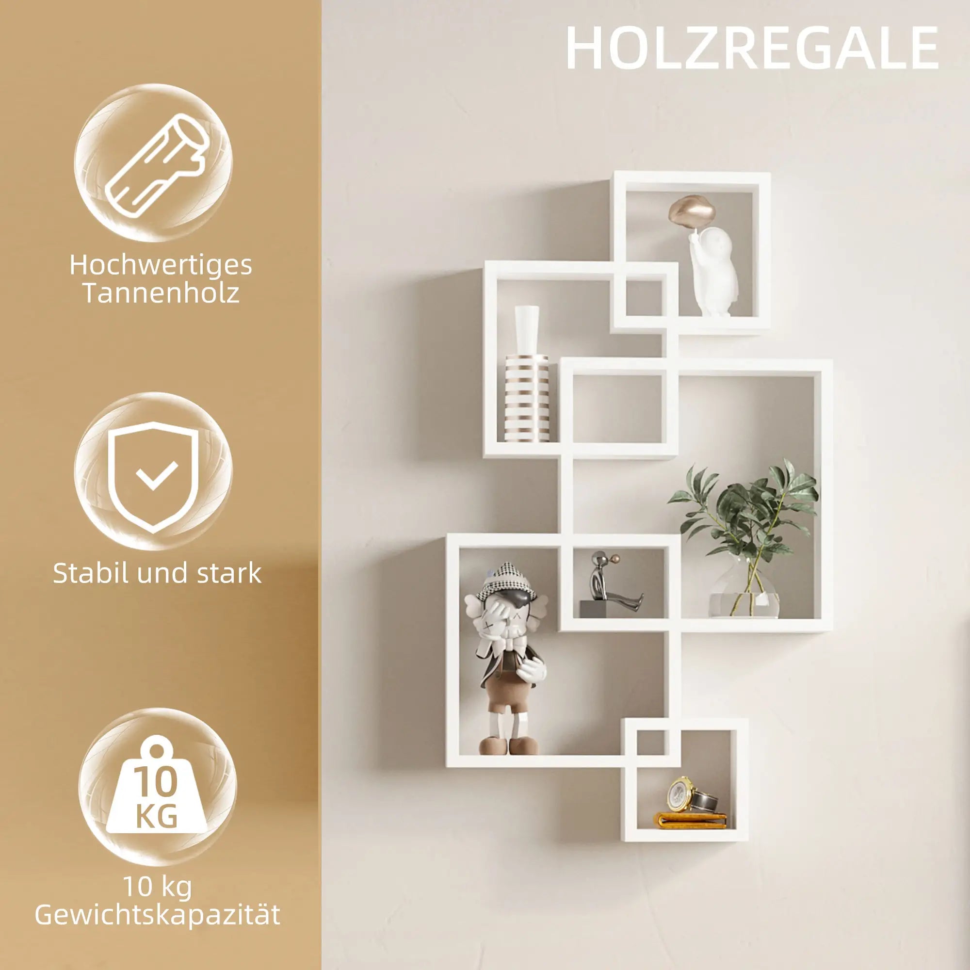 HOMCOM Wandregal, Schweberegal, 5 Regale, Massivholz, Weiß