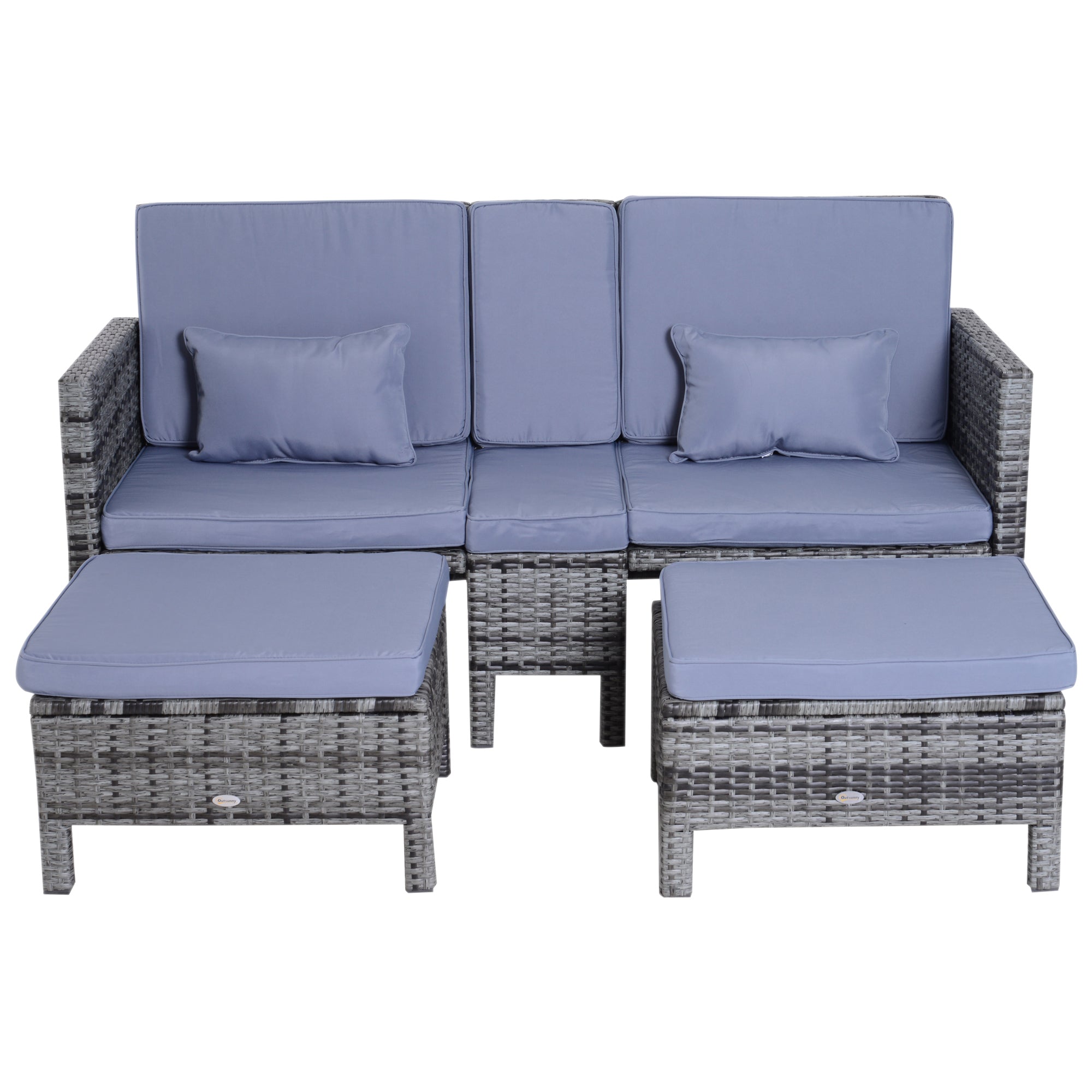 Outsunny Gartengarnitur, Sitzgruppe, 3-tlg., Outdoor-Sofa, 2 Hocker, 2-5 Personen, Sitzkissen, Rattanoptik, grau