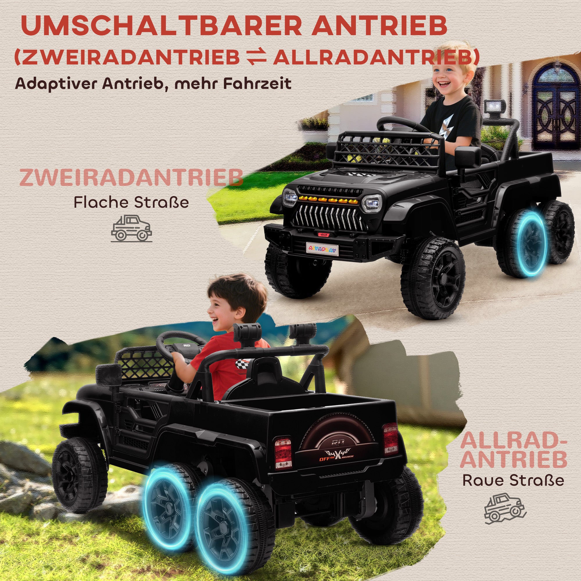 AIYAPLAY 12V Elektrisches Kinderauto, mit Anhänger, LED-Lichtern, Musik und Hupe, für Kinder im Alter von 3-8 Jahren, Schwarz