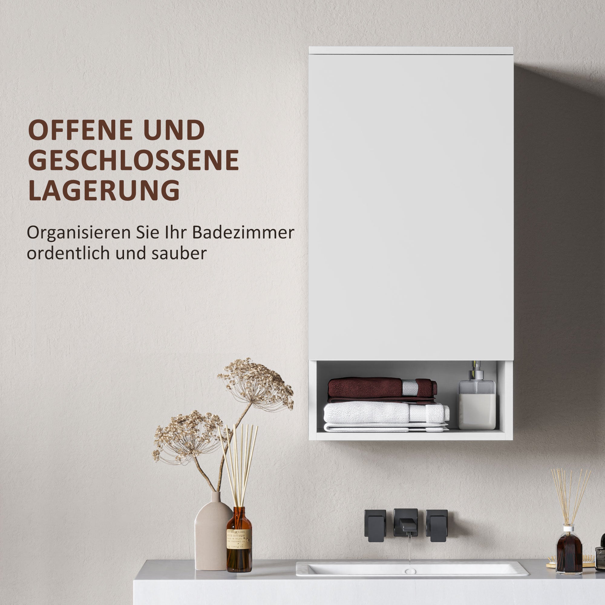 HOMCOM Wandmontierter Badezimmerschrank, Wandschrank für Badezimmer mit verstellbaren Ablagen, offenem Fach, Holz, Weiß