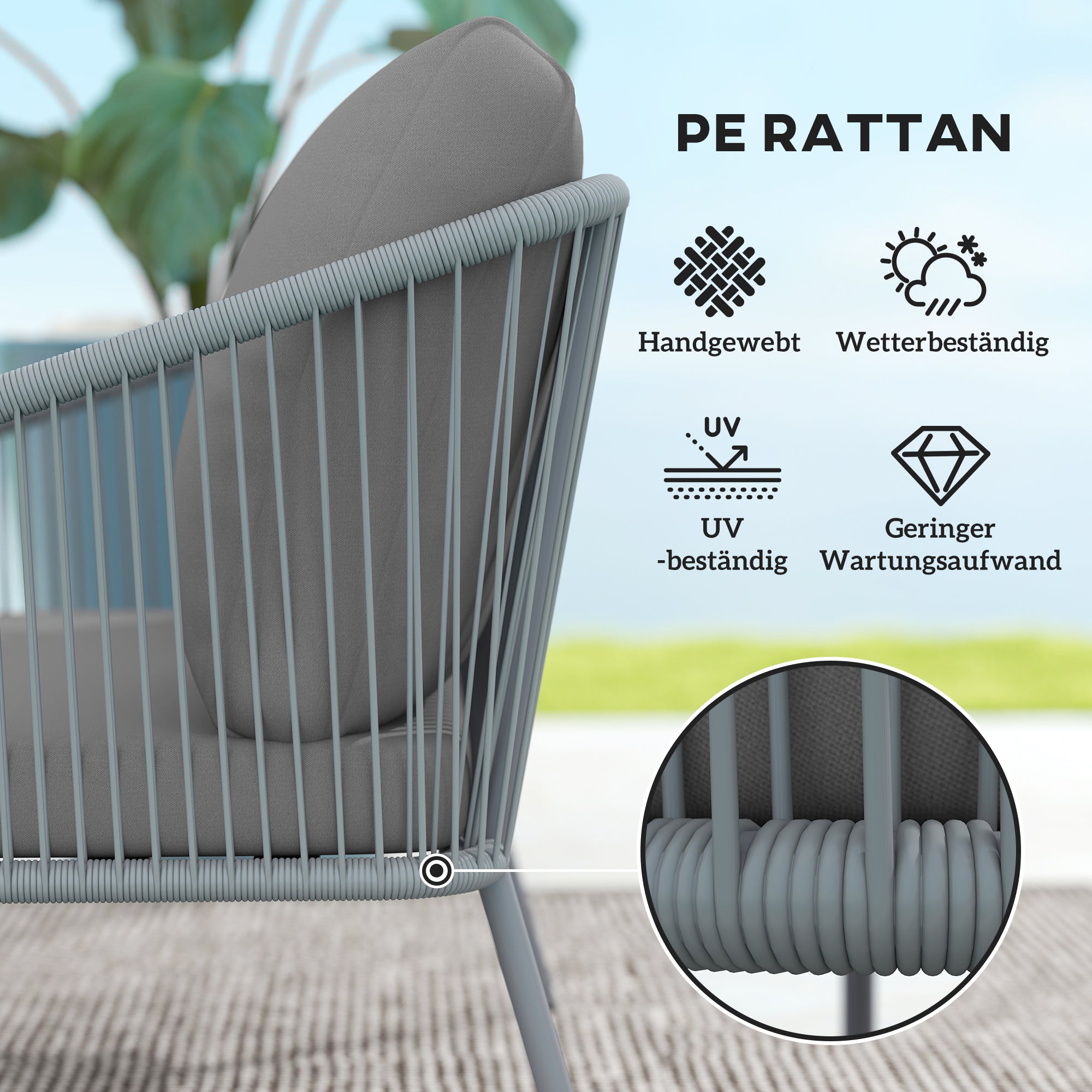 Outsunny Gartensofa mit Kissen 2-Sitzer Rattan Sofa Lounge Sofa Outdoor Balkon Sofa 112 x 72 x 76 cm Grau