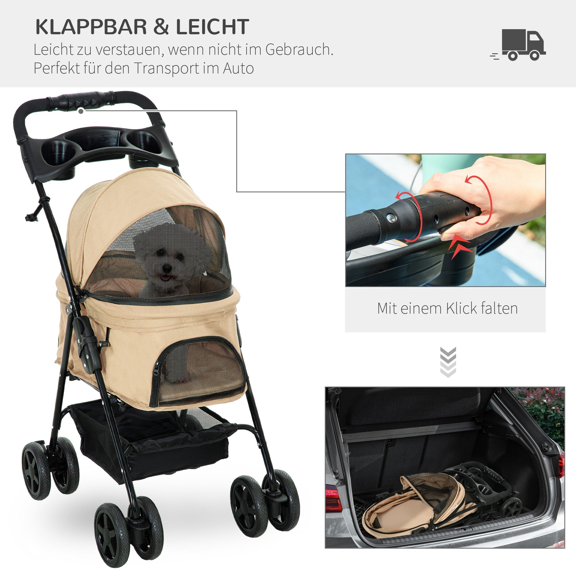 PawHut Hundewagen Hundebuggy, klappbar, 2 Sicherheitsleinen, 2 Becherhalter,  67 x 45 x 96 cm, Khaki