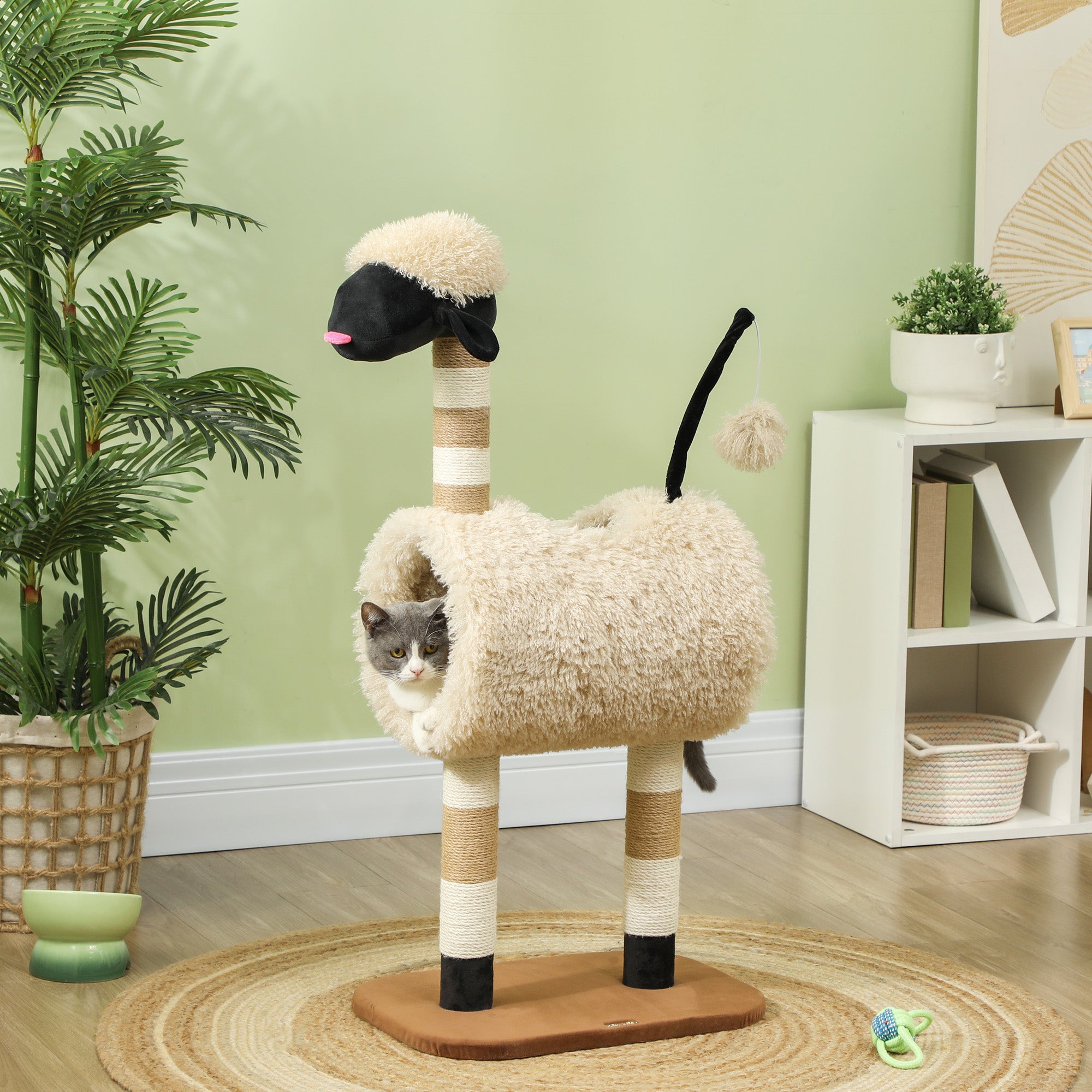 PawHut Katzenbaum im Schaf-Design, mit Kratzpfosten, Tunnel und Spielzeug, 98 cm, Hellbraun