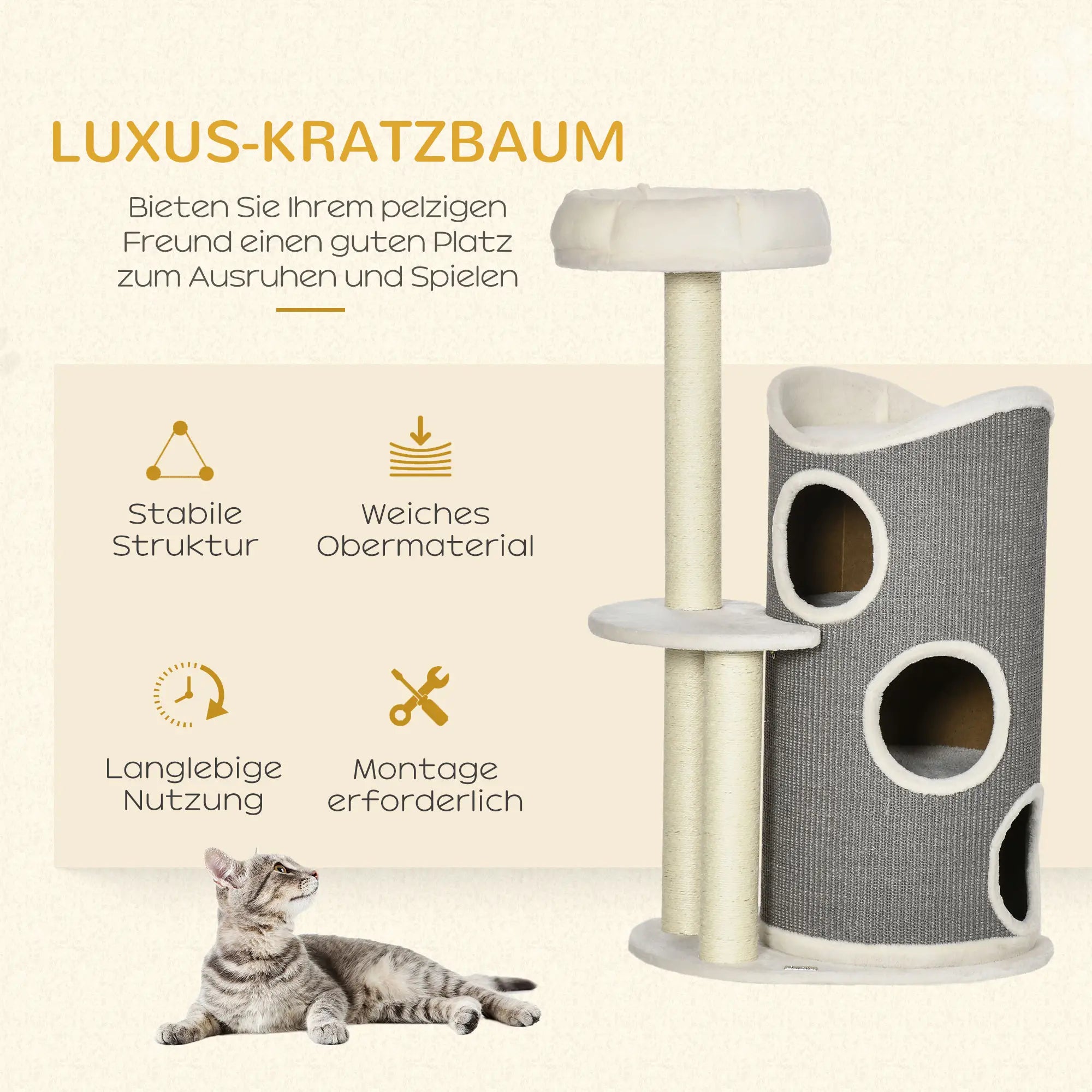 PawHut Kratzbaum Kratztonne Katzenbett mit 3 Ebenen Plüsch Weiß Grau
