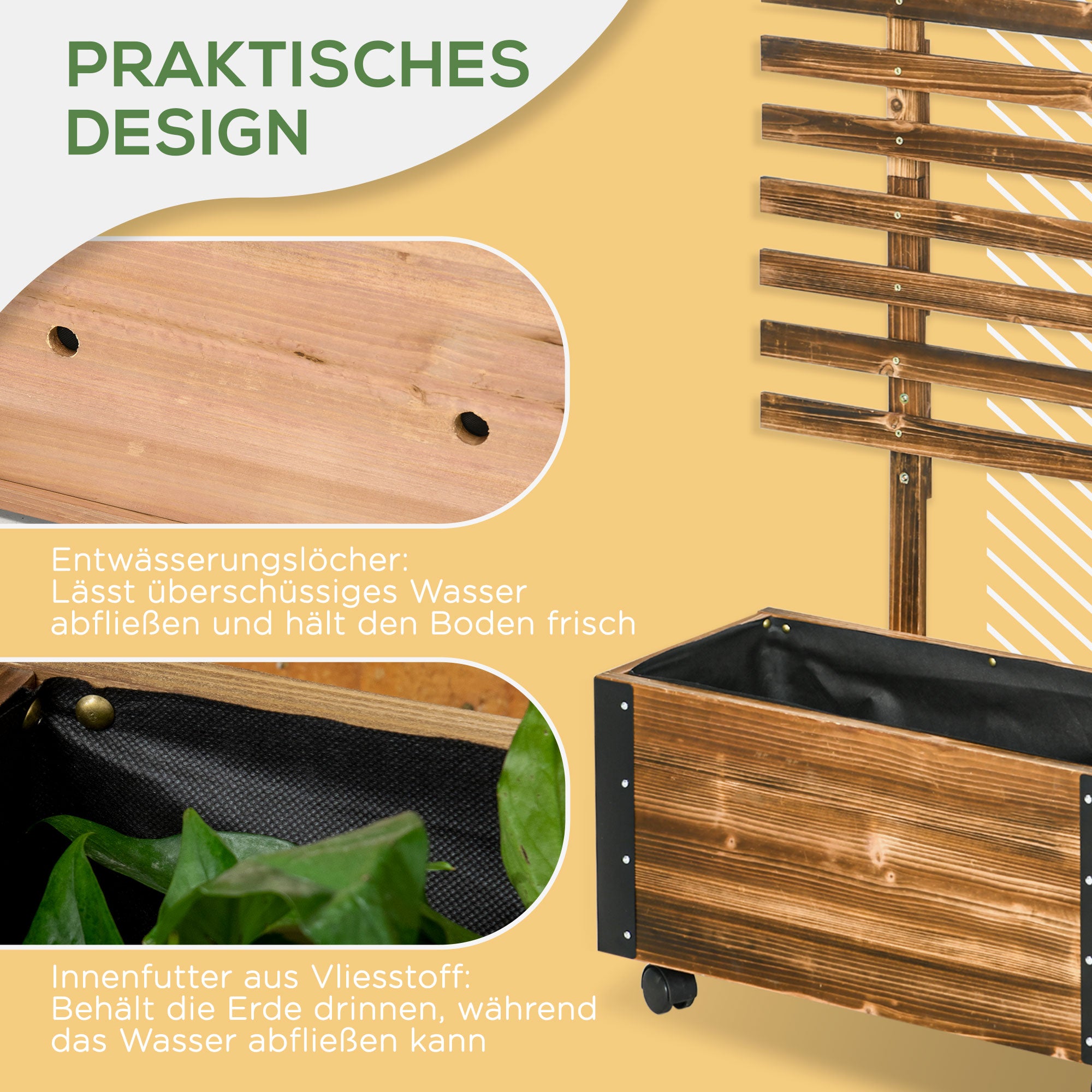 Outsunny Hochbeet mit Rankhilfe, 4 Rollen, behandeltes Massivholz, 65 cm x 31 cm x 147 cm, Schwarz + Braun