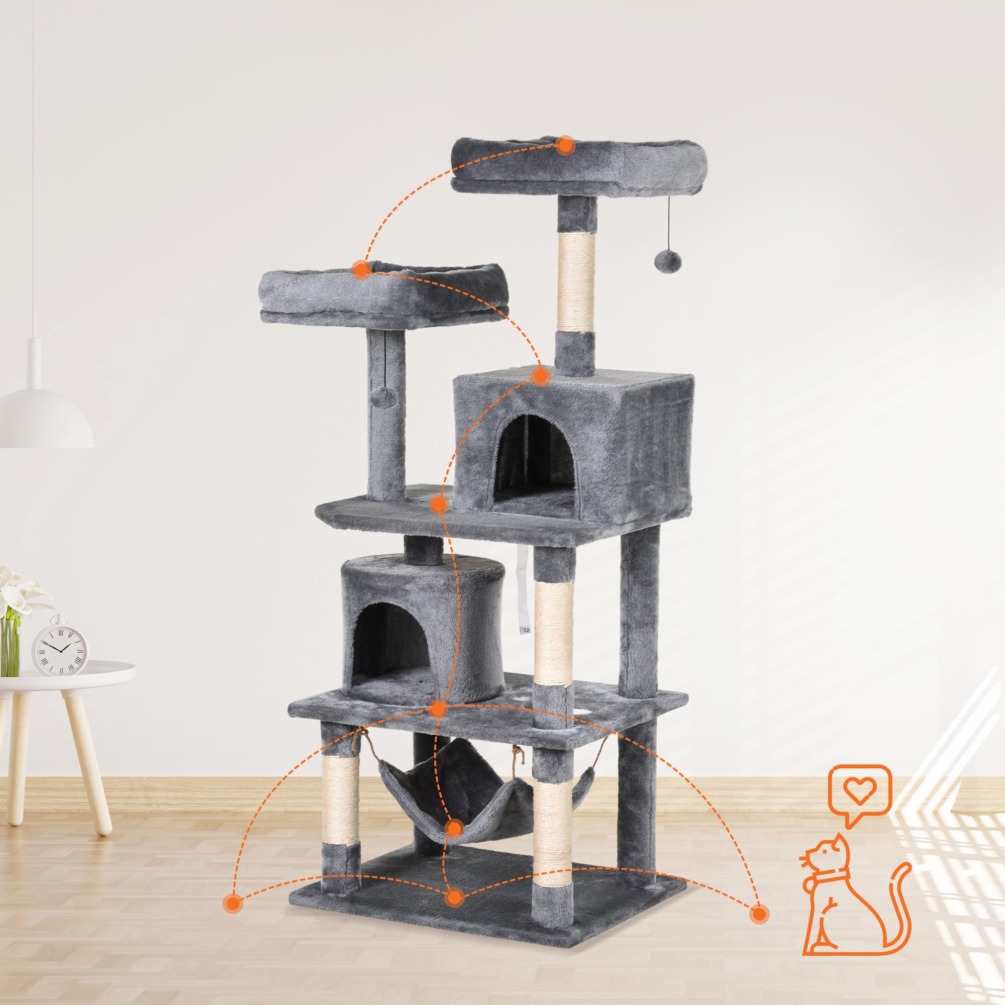 PawHut Katzen Kratzbaum groß 145 cm, Katzenbaum mit Hängematte, Kletterbaum für Katzen, Katzenkratzbaum Höhle Katzenmöbel mit Sisalstämmen, Hellgrau