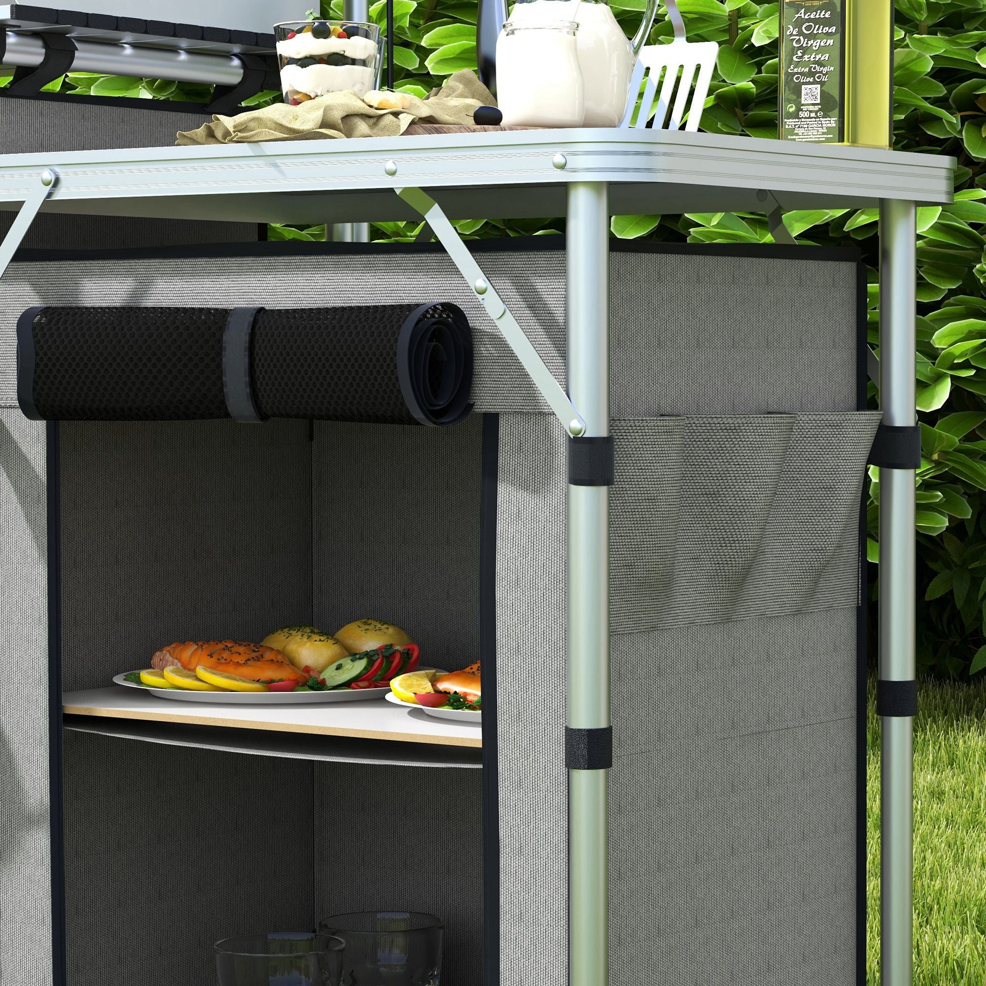 Outsunny Campingküche, klappbar, Windschutz, 3 Stofffächer, Aluminiumrahmen, 172x48x119cm, Grau/Silber