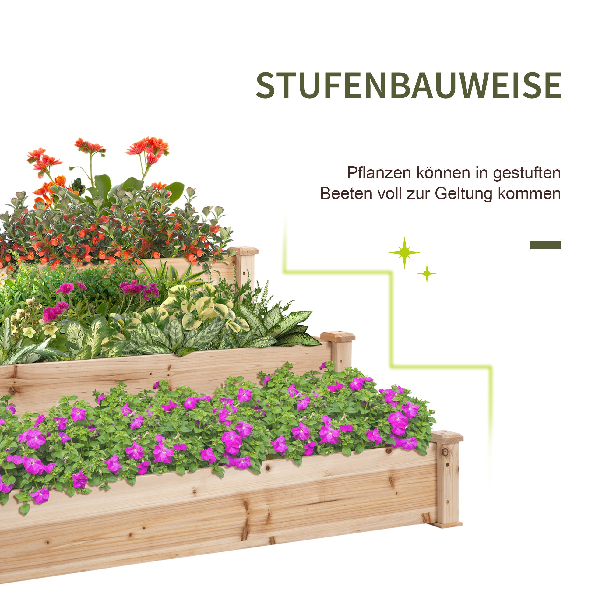 Outsunny Hochbeet 3-stufige Gartenbeet Pflanzenbeet  Kräuterbeet Blumentreppe für Balkon Garten Natur Tannenholz 120 x 120 x 56 cm