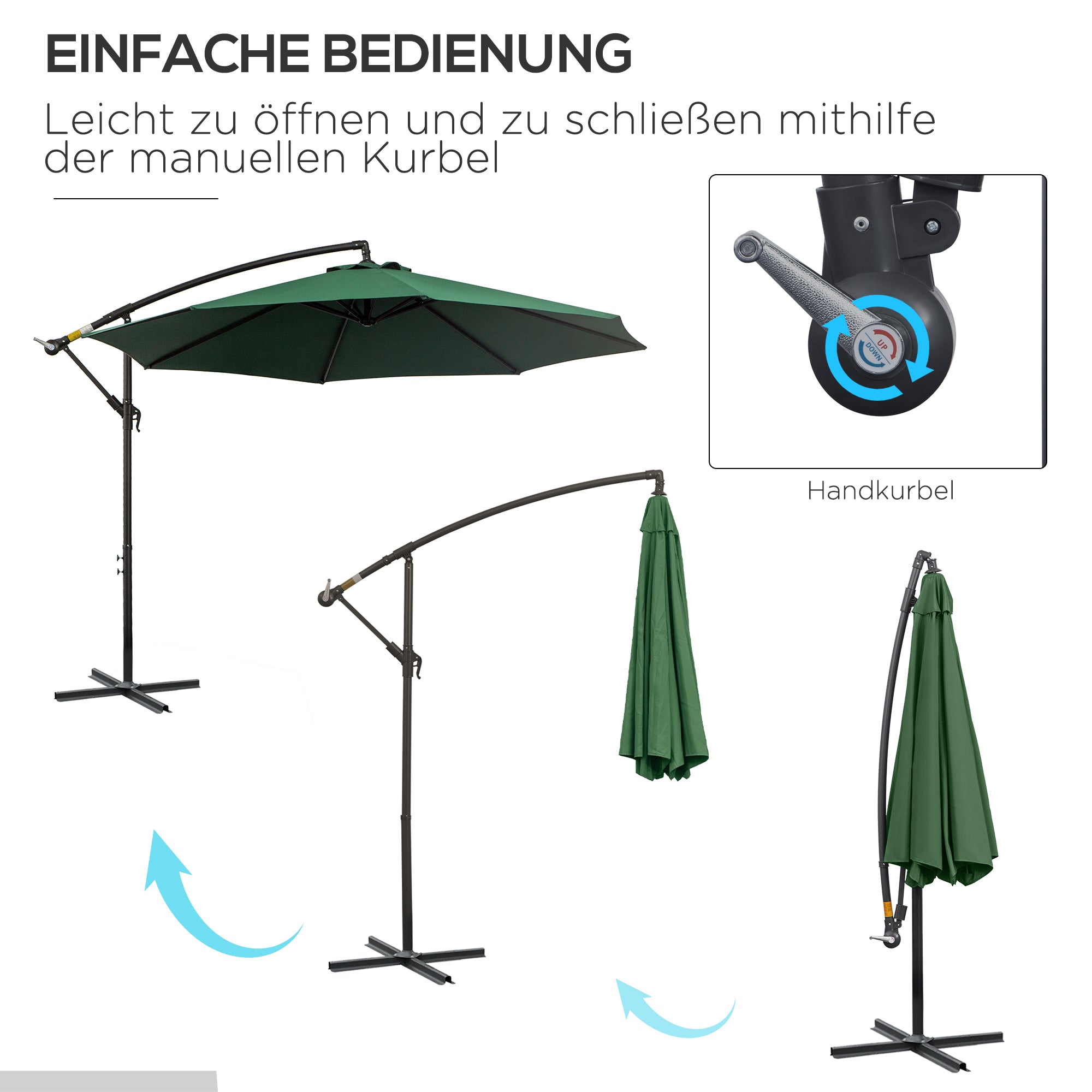 Outsunny Sonnenschirm mit Handkurbel Wetterbeständig 3 m x 3 m x 2,5 m XXL Grün
