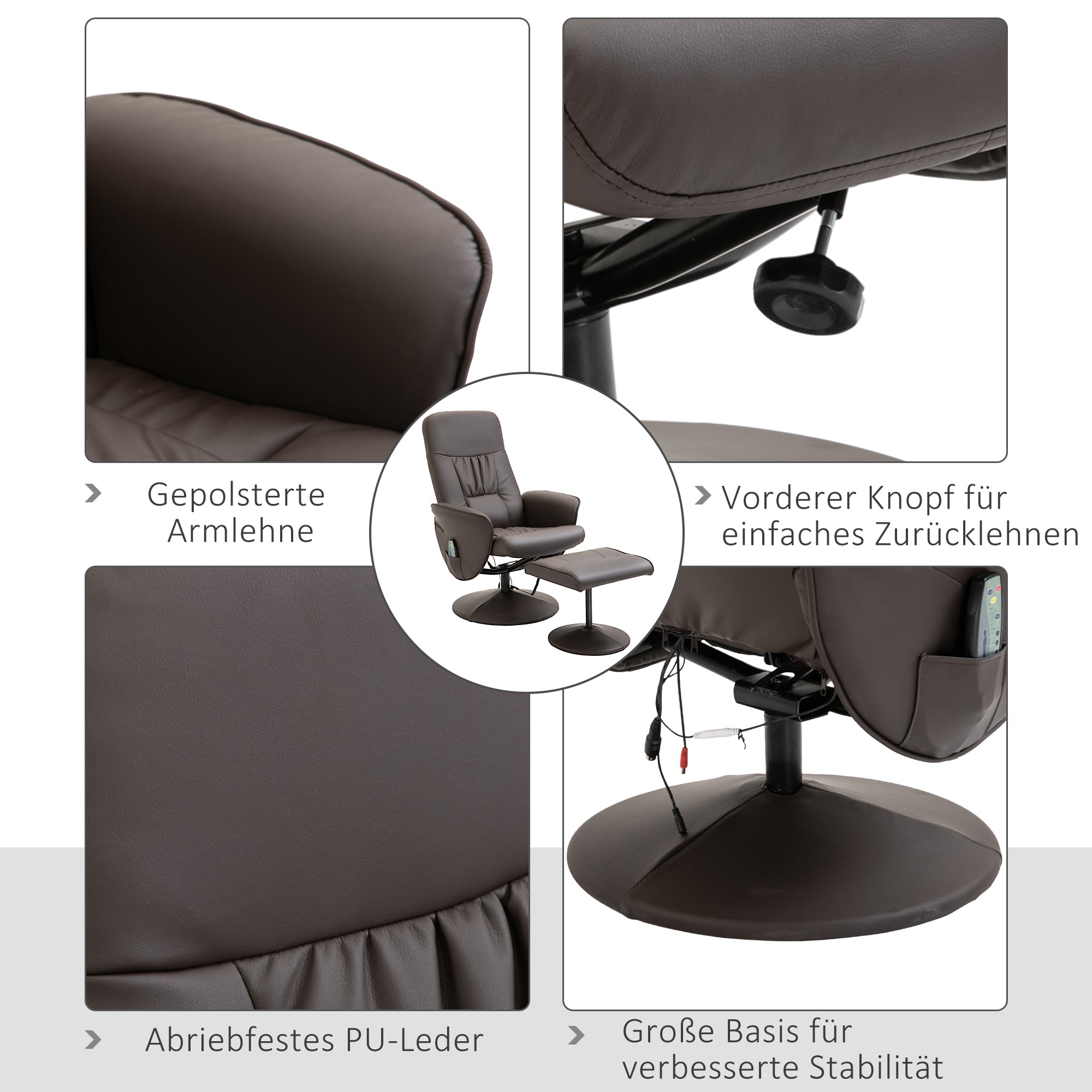 HOMCOM Relaxsessel mit Hocker, drehbarer Fernsehsessel mit 10 Massagepunkte, Liegefunktion, Massagesessel mit Fernbedienung, Seitentasche, TV-Sessel, Kunstleder, Braun
