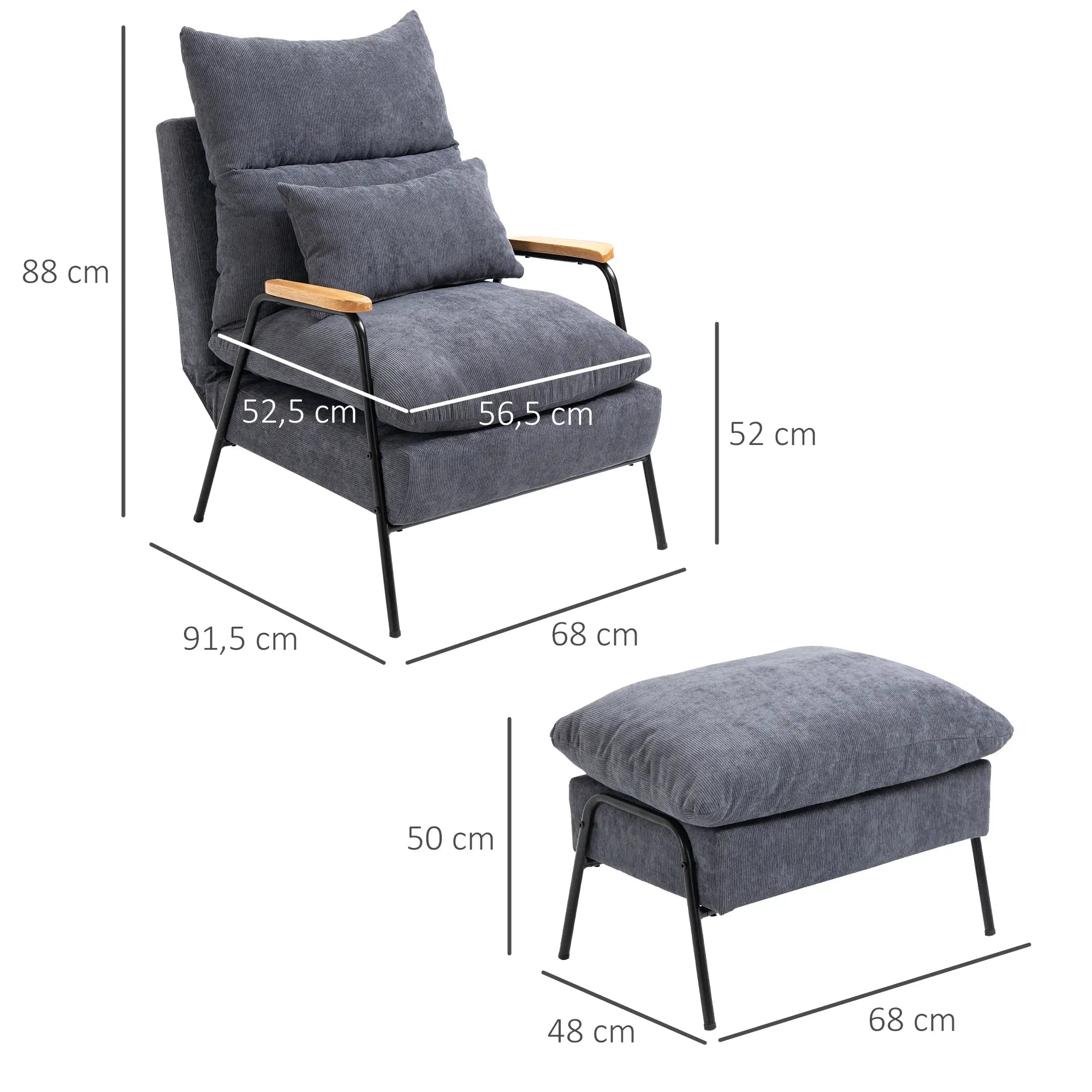 HOMCOM Sessel mit Ottomane, inkl. Kissen, 68 cm x 91,5 cm x 88 cm, Grau