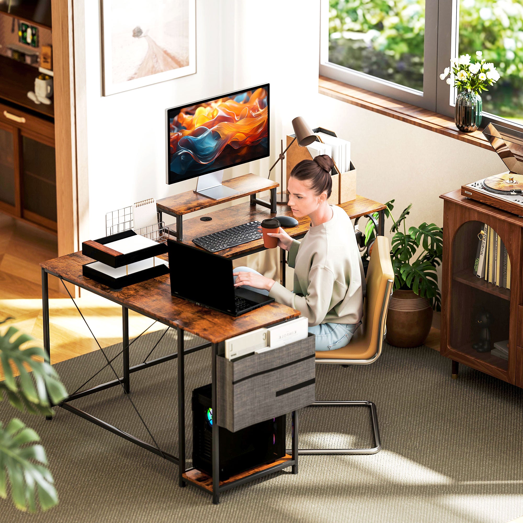 HOMCOM L-förmiger Schreibtisch, Vielseitiger Bürotisch mit einstellbaren Regalen und Aufbewahrungstasche, Monitorständer, Braun