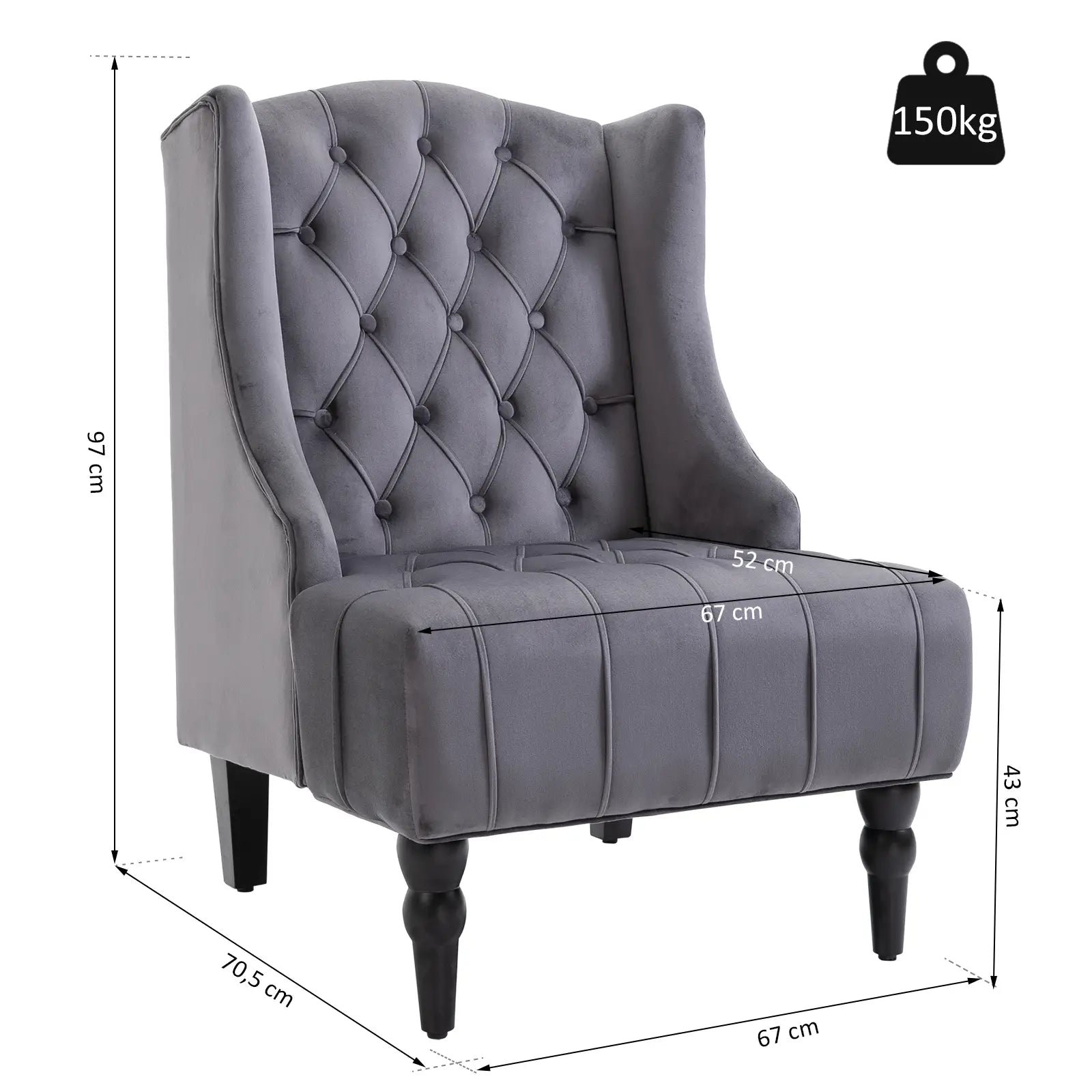 HOMCOM Einzelsessel Ohrensessel Relaxsessel mit Tufting erhöhte Beine Samtstoff Grau 67 x 70,5 x 97 cm