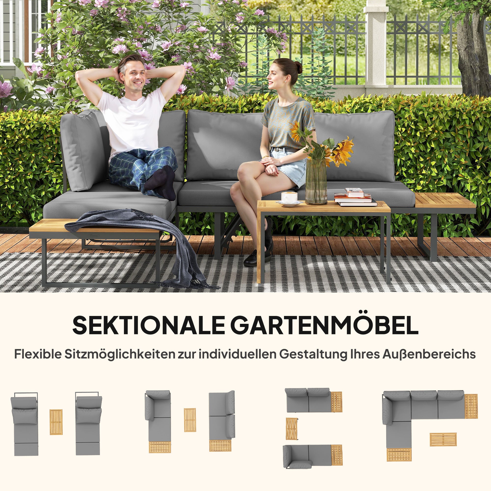 Outsunny Außenmöbel-Set, auf 6 Sitze erweiterbar, L-förmige Outdoor-Sitzecke mit Tischen, Stahlrahmen, verstellbare Lehnen, Grau