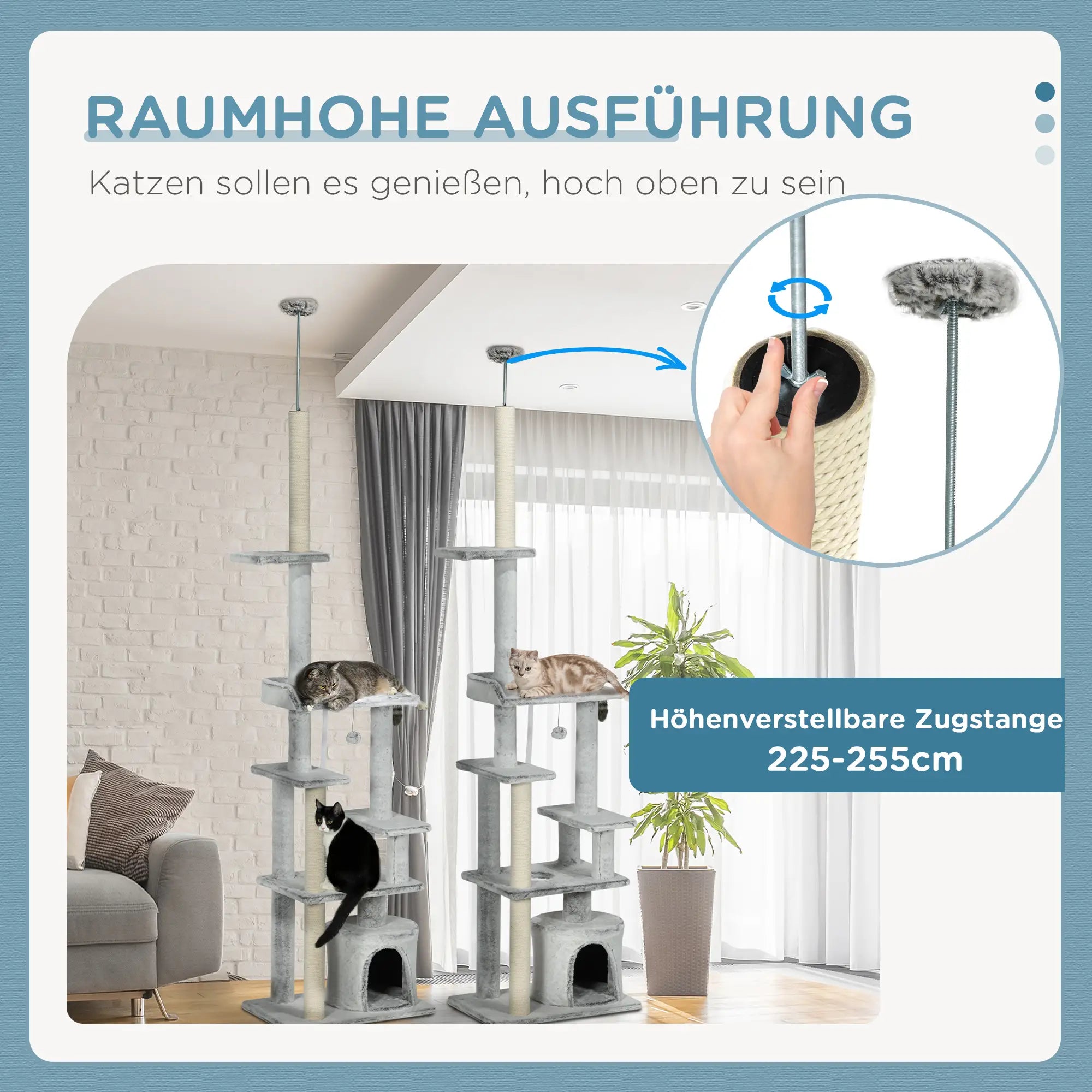 PawHut Deckenhoher Kratzbaum 225–255?cm Hellgrau mit Kippschutz