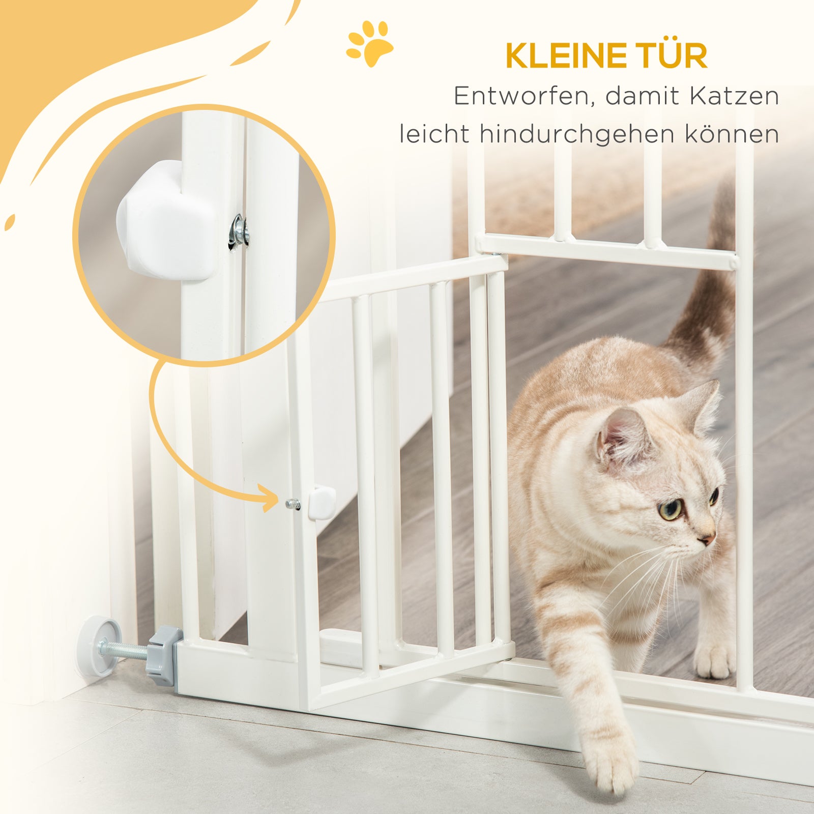 PawHut Türgitter mit Katzenklappe, Montage ohne Bohren, variable Breite 74-80 cm, einhändiges Öffnen, Metall, Weiß