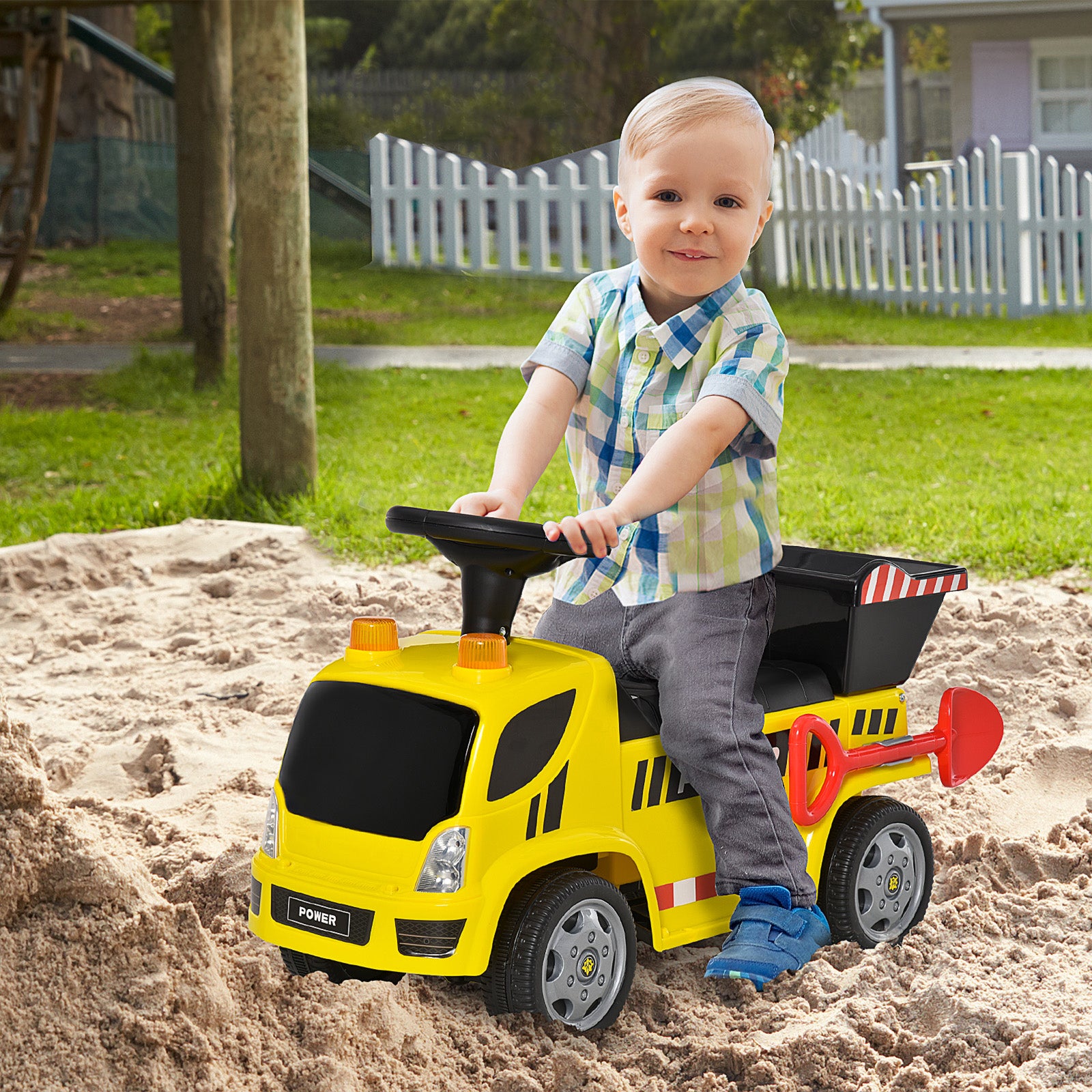 HOMCOM Sitzbagger für Kinder Rutscherfahrzeug mit Kippen Eimer und Schaufel Fuß Rutscherauto unter Sitz Lagerung für Baby 18-36 Monaten Metall PP-Kunststoff Gelb 72 x 28,2 x 42 cm