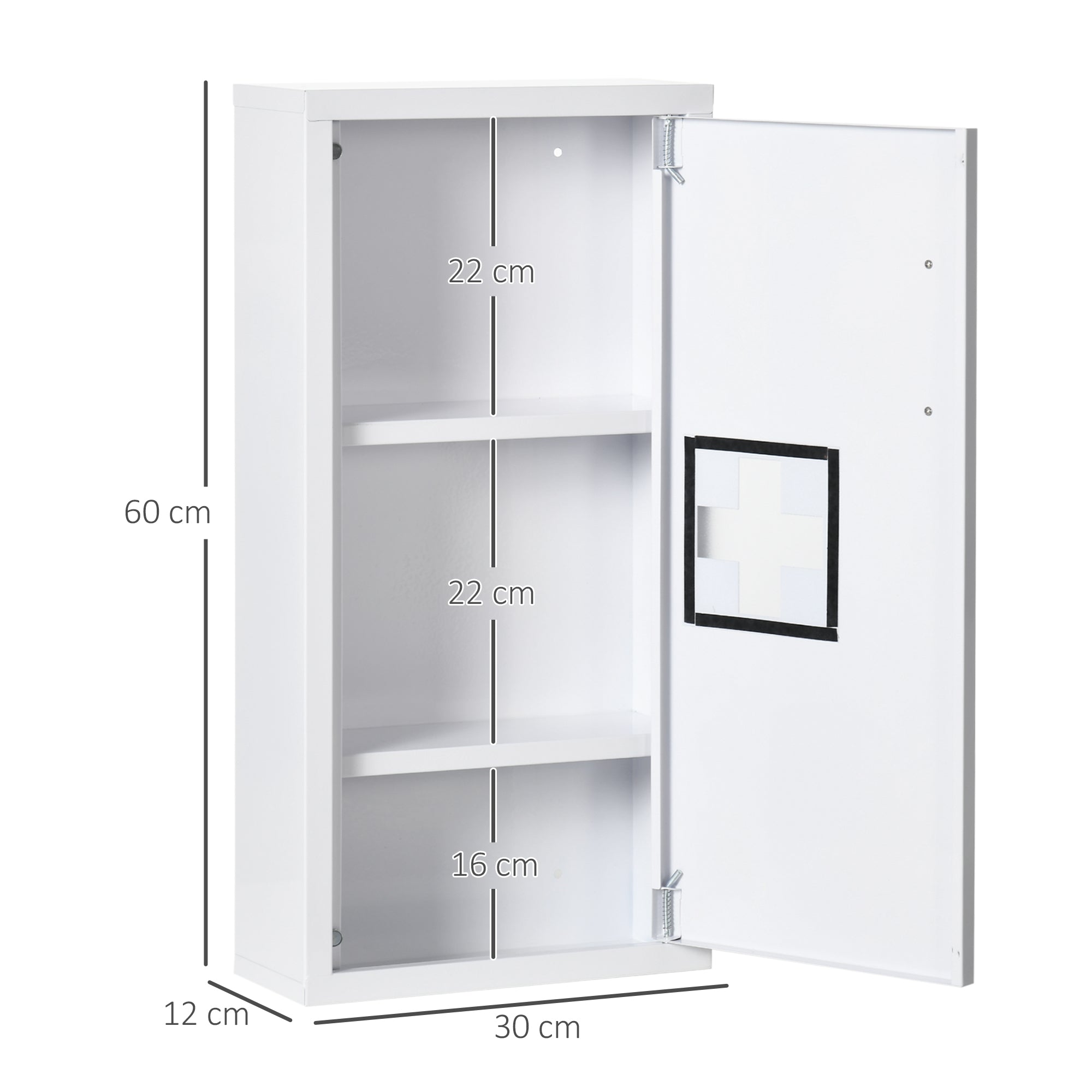 kleankin Medizinschrank, 3 Innenfächer, Magnetverschluss, Kreuzsymbol, Stahlgehäuse, weiß, 30 x 12 x 60 cm
