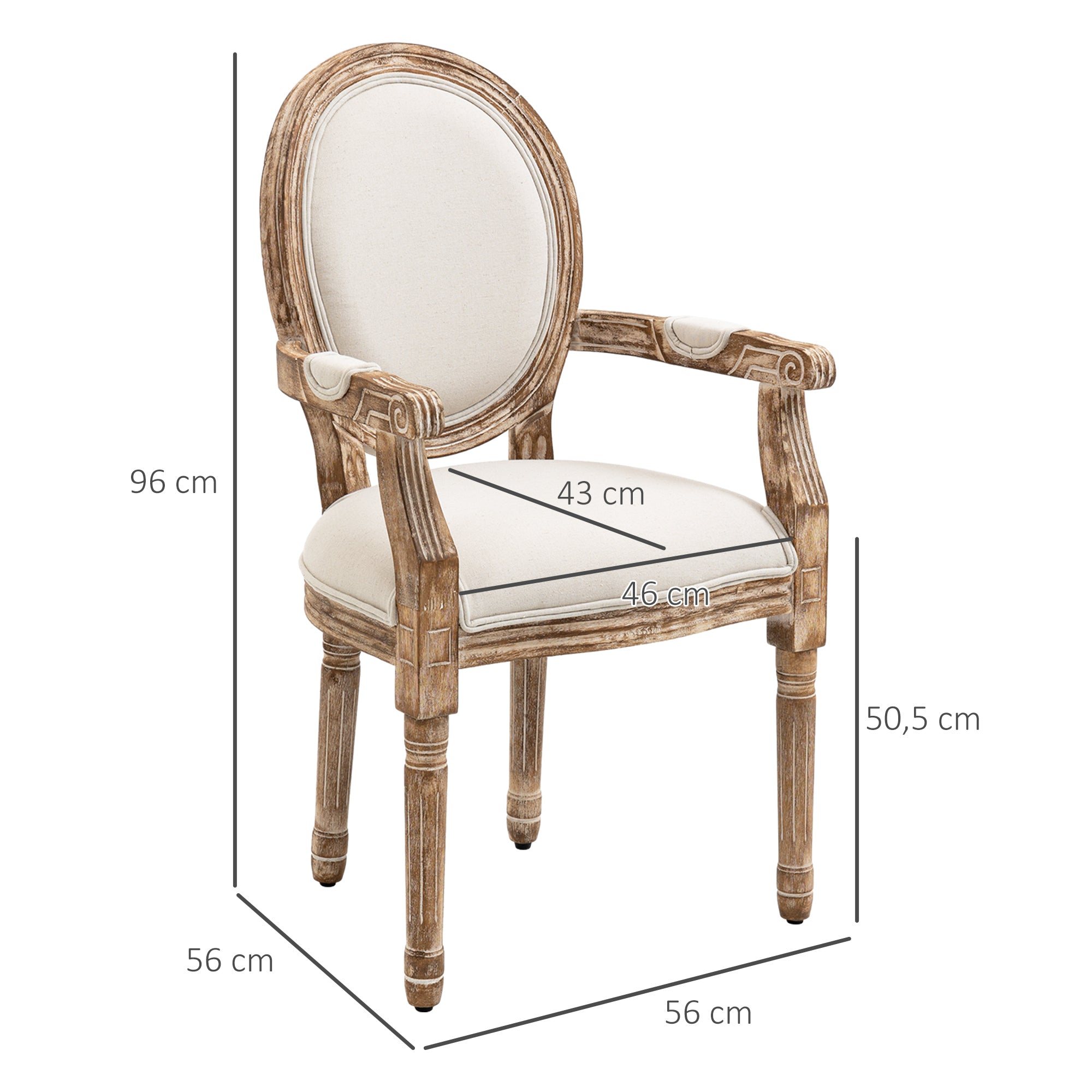 HOMCOM Küchenstuhl mit Armlehnen Polsterstuhl Esszimmerstuhl Retro-Design im Leinen-Optik für Wohnzimmer Gummiholz Cremeweiß+ helle Holzfarbe 56 x 56 x 96 cm