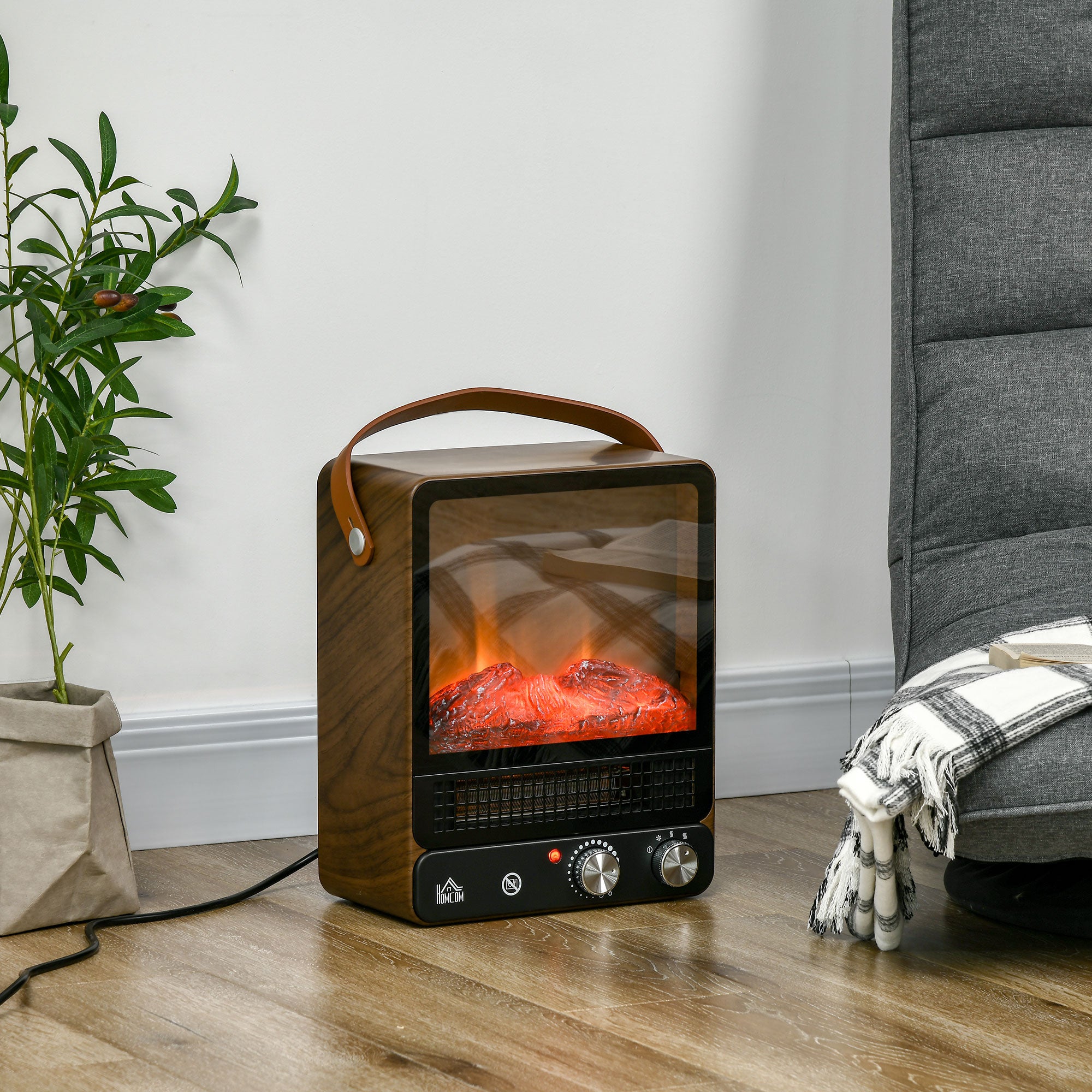 HOMCOM Elektrokamin, realistisches Feuer, 2 Heizmodi bis 50° C, Überhitzungsschutz, Walnussoptik, 30,3 x 17,5 x 37,4cm