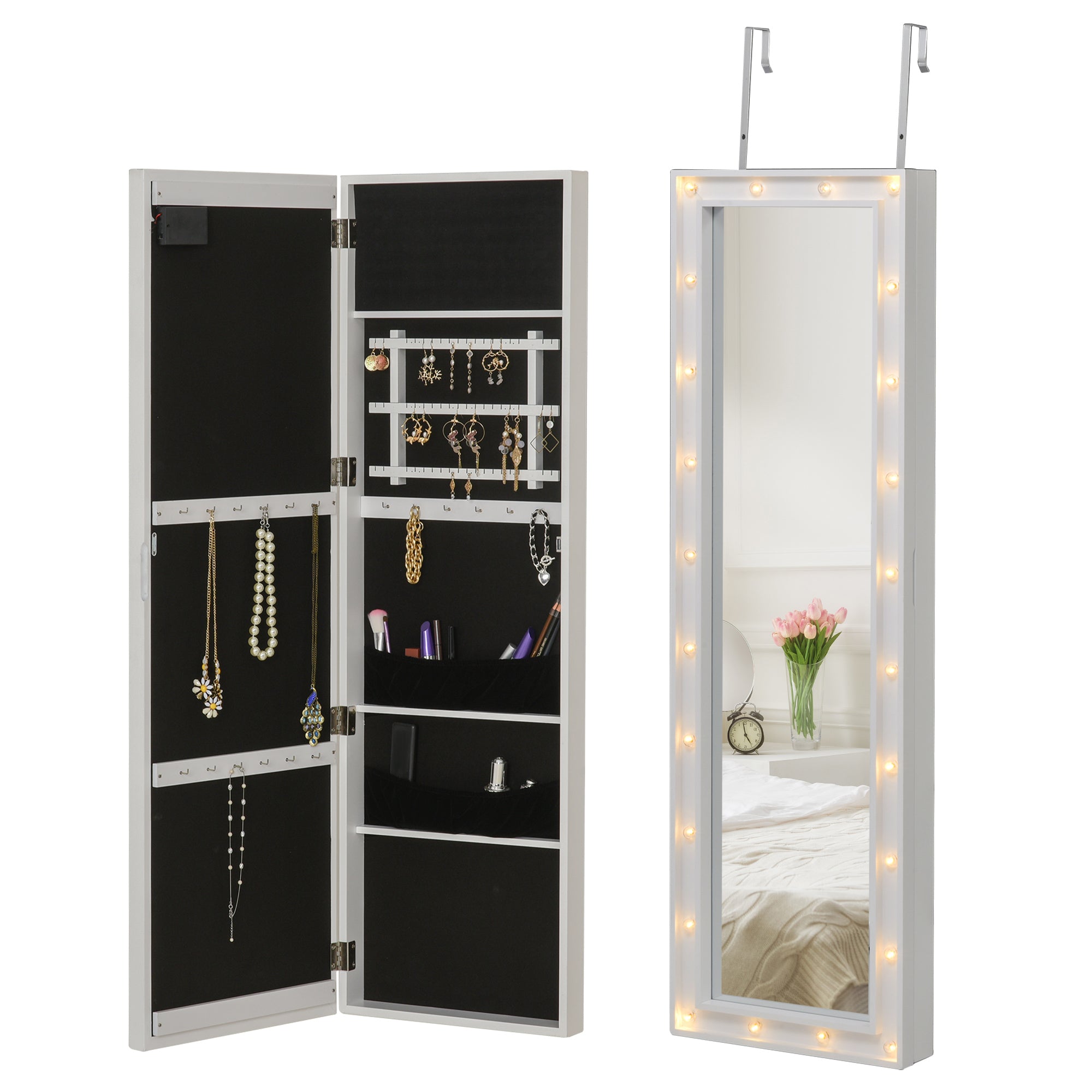 HOMCOM LED Schmuckschrank Aufhängbarer 2 in 1 Schmuckregal Spiegelschrank Türmontage MDF Weiß 36,6 x 8 x 120 cm