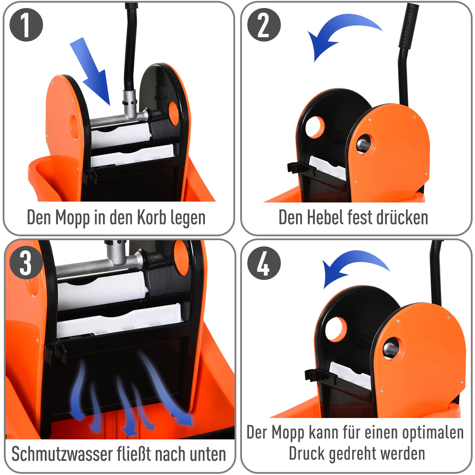 HOMCOM Reinigungswagen 36 Liter Fahreimer Putzeimer Wischwagen mit Auswringvorrichtung, Orange, 54 x 41 x 91,5 cm