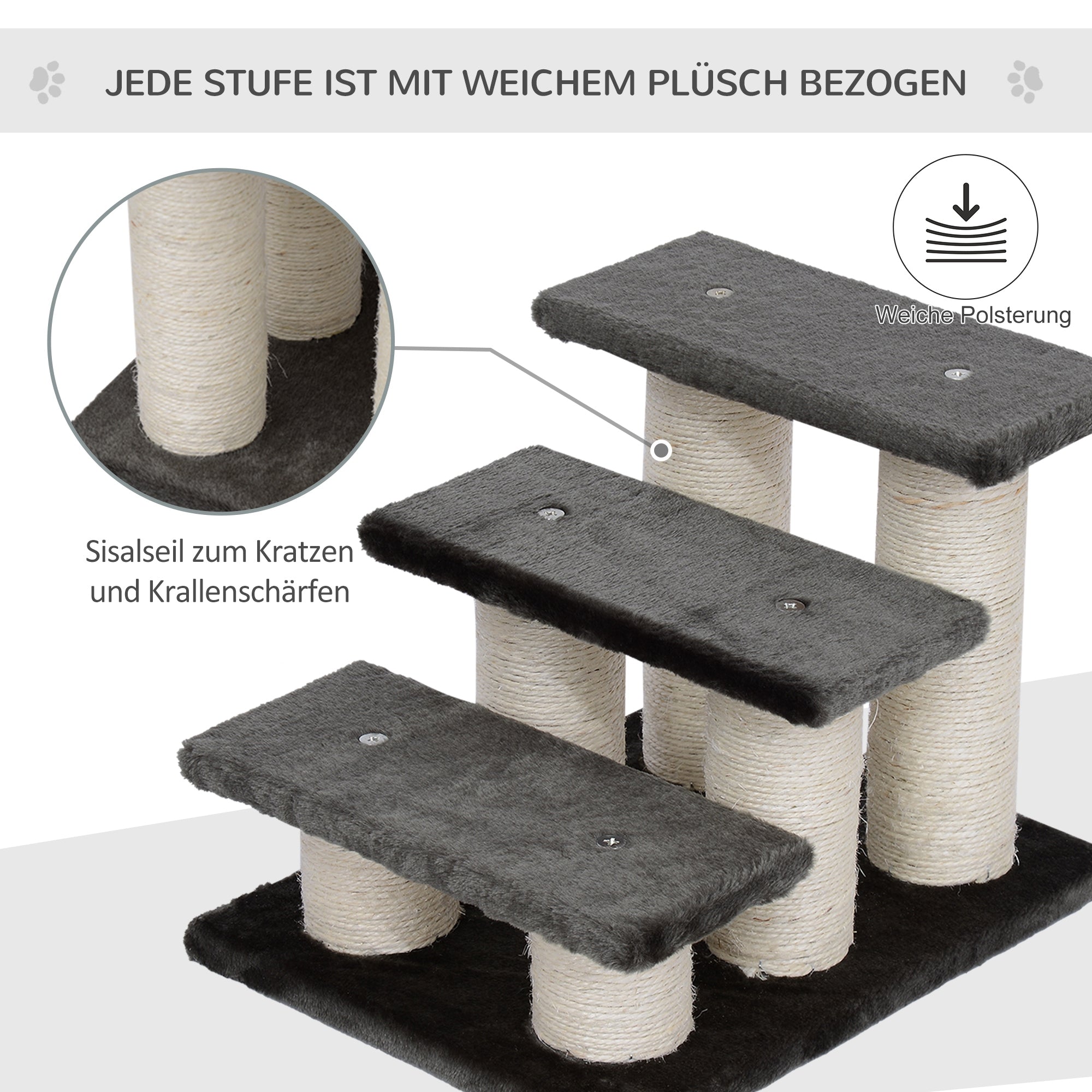 PawHut Hundetreppe 3 Stufen 34 cm Hoch Haustiertreppe für Hunde Katze Katzentreppe Hunderampe Einstiegshilfe für Bett, Sofa, Couch Dunkelgrau