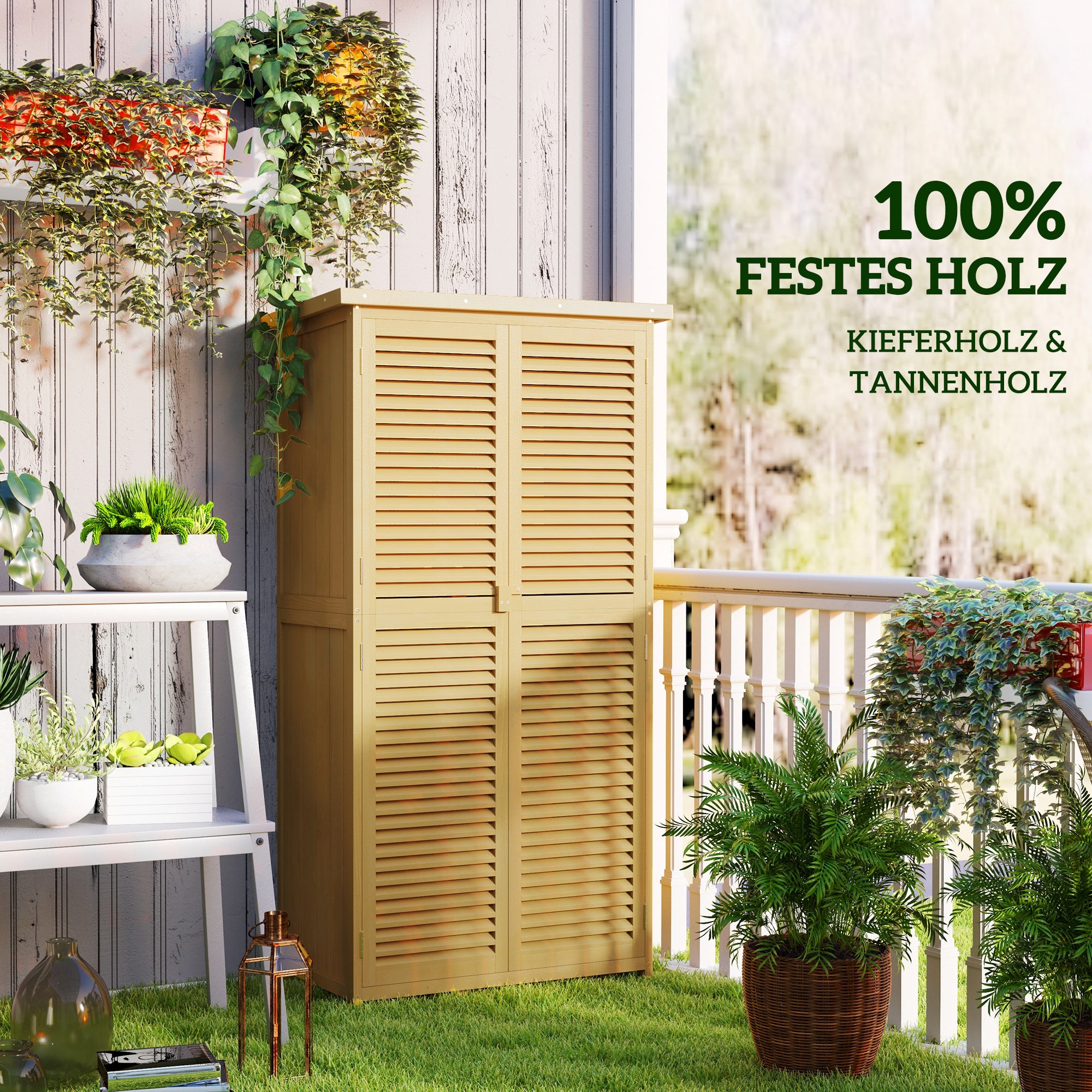 Outsunny Gartenkommode wetterfest, 2 Türen mit Schloss, Kiefernholz, 87L x 46,5B x 160H cm, Hellgelb