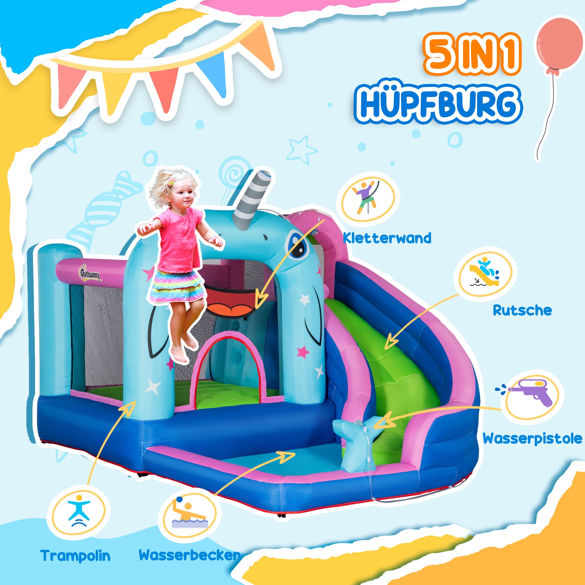 Outsunny Aufblasbare Hüpfburg mit Rutsche, Hüpfecke, Wasserbecken, Wasserdüsen, 330 x 280 x 200 cm