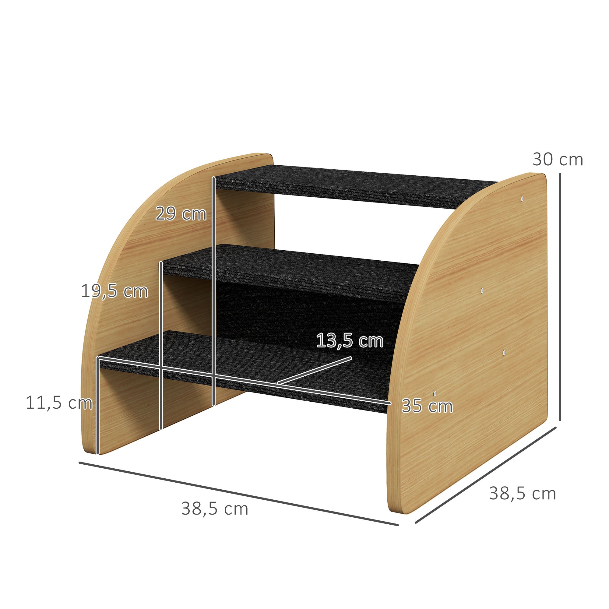PawHut Haustiertreppe Hundetreppe, 3 Stufen, kleiner Hund, 38,5 cm x 38,5 cm x 30 cm, Eiche + Schwarz