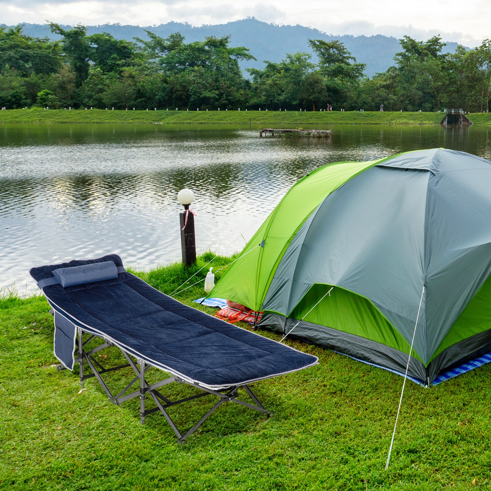 Outsunny Campingbett, klappbares Feldbett mit Kopfkissen, 188 x 64,5 x 53 cm, Dunkelblau