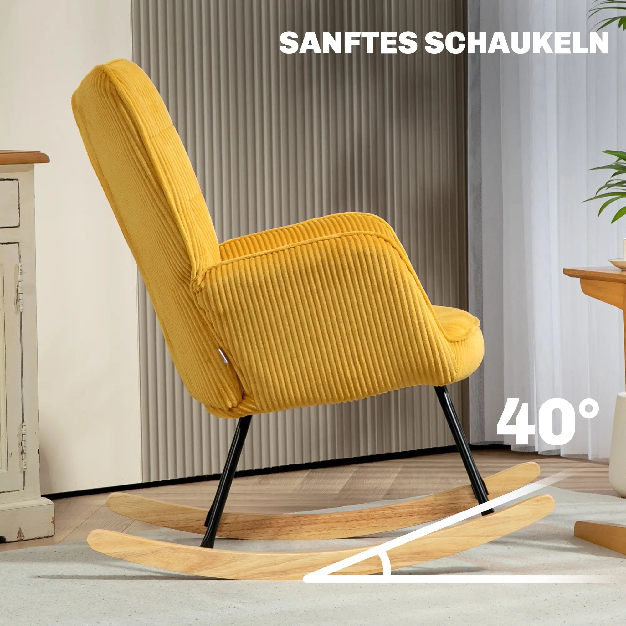 HOMCOM Vintage Schaukelstuhl, geschwungene Kufen, dicke Polsterung, Buchenholz & Stahl, Gelb