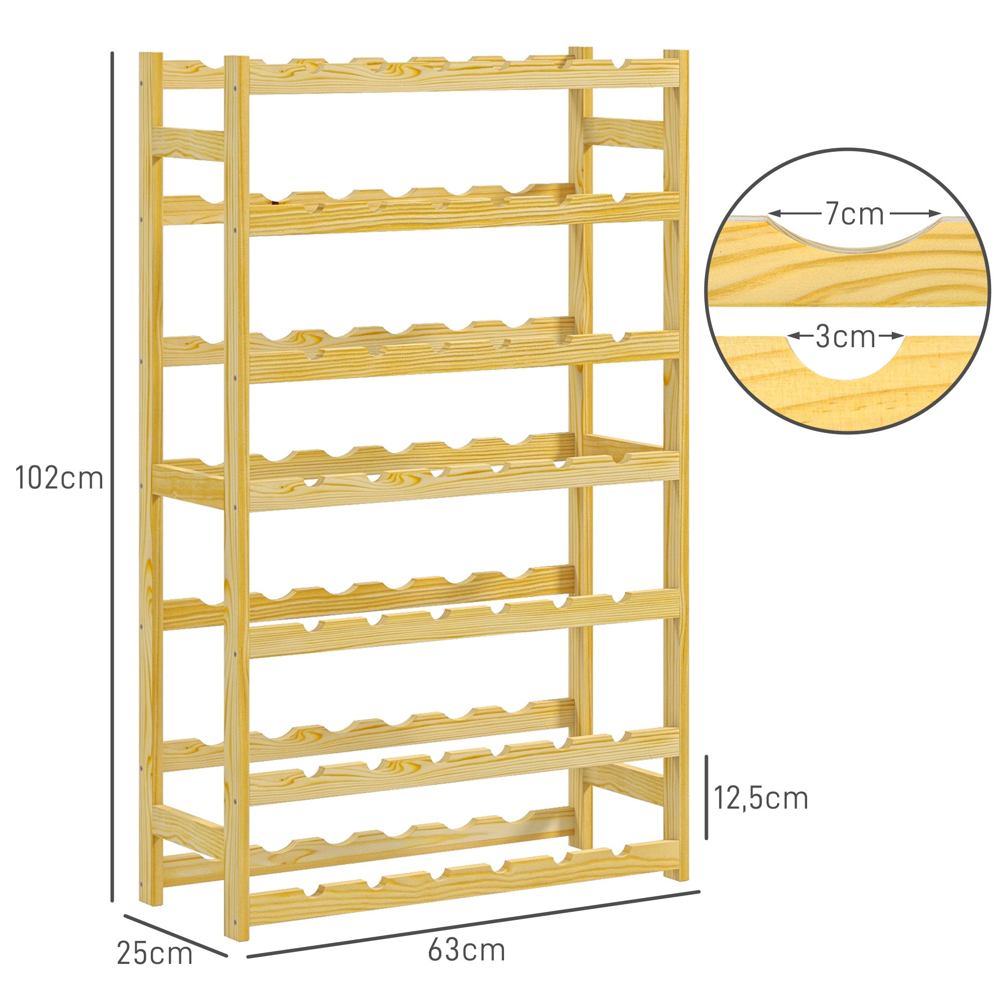 HOMCOM Weinregal, 7 Etagen, für 42 Flaschen, Kippschutz, Kiefernholz, 63x25x102cm, Natur