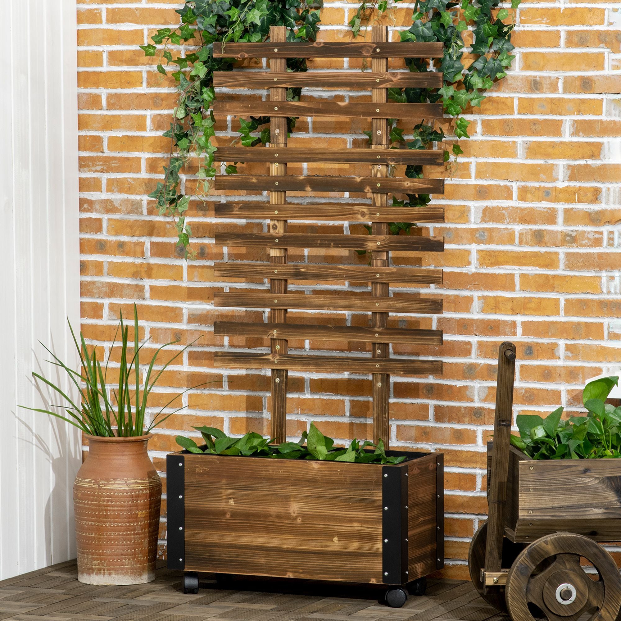 Outsunny Hochbeet mit Rankhilfe, 4 Rollen, behandeltes Massivholz, 65 cm x 31 cm x 147 cm, Schwarz + Braun