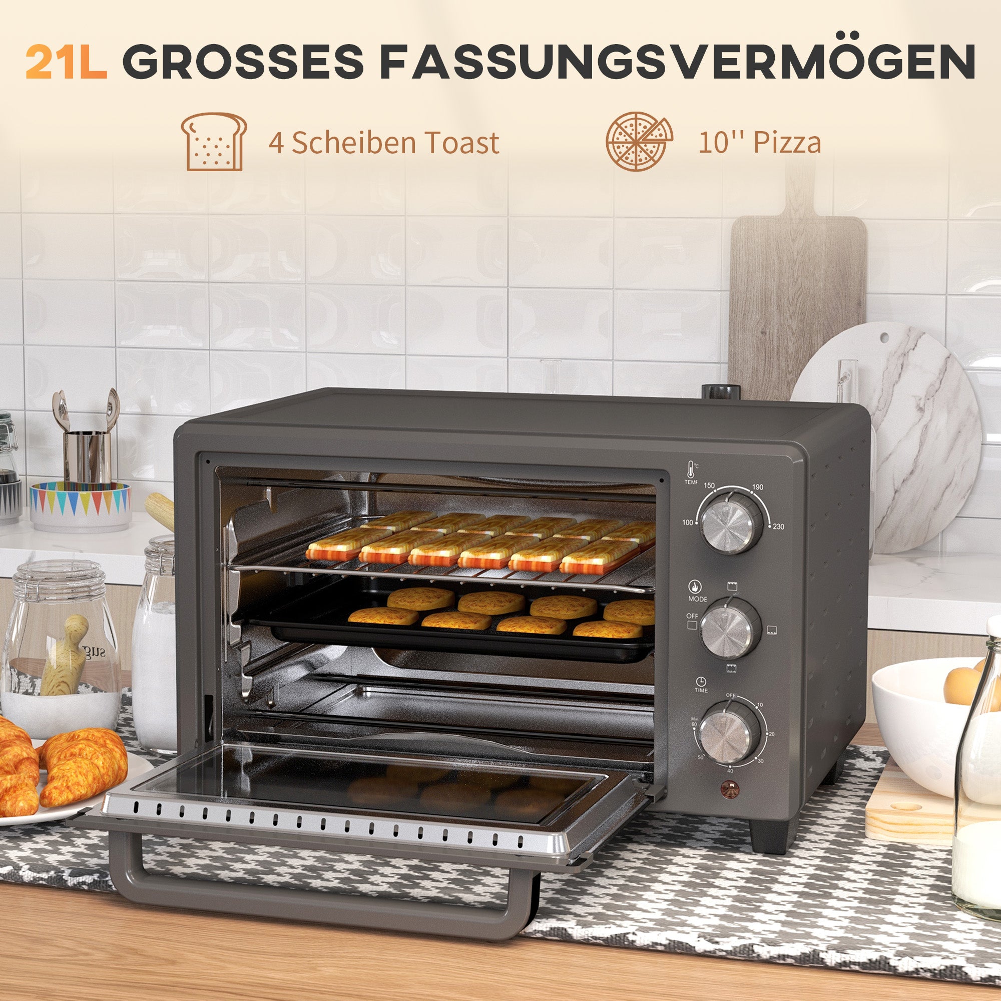 HOMCOM Minibackofen, 21 L Toasterofen mit 1 Drahtgestell und 1 Backblech, 3 Kochmodi, 100 °C-230 °C, Edelstahl, Glas, Grau