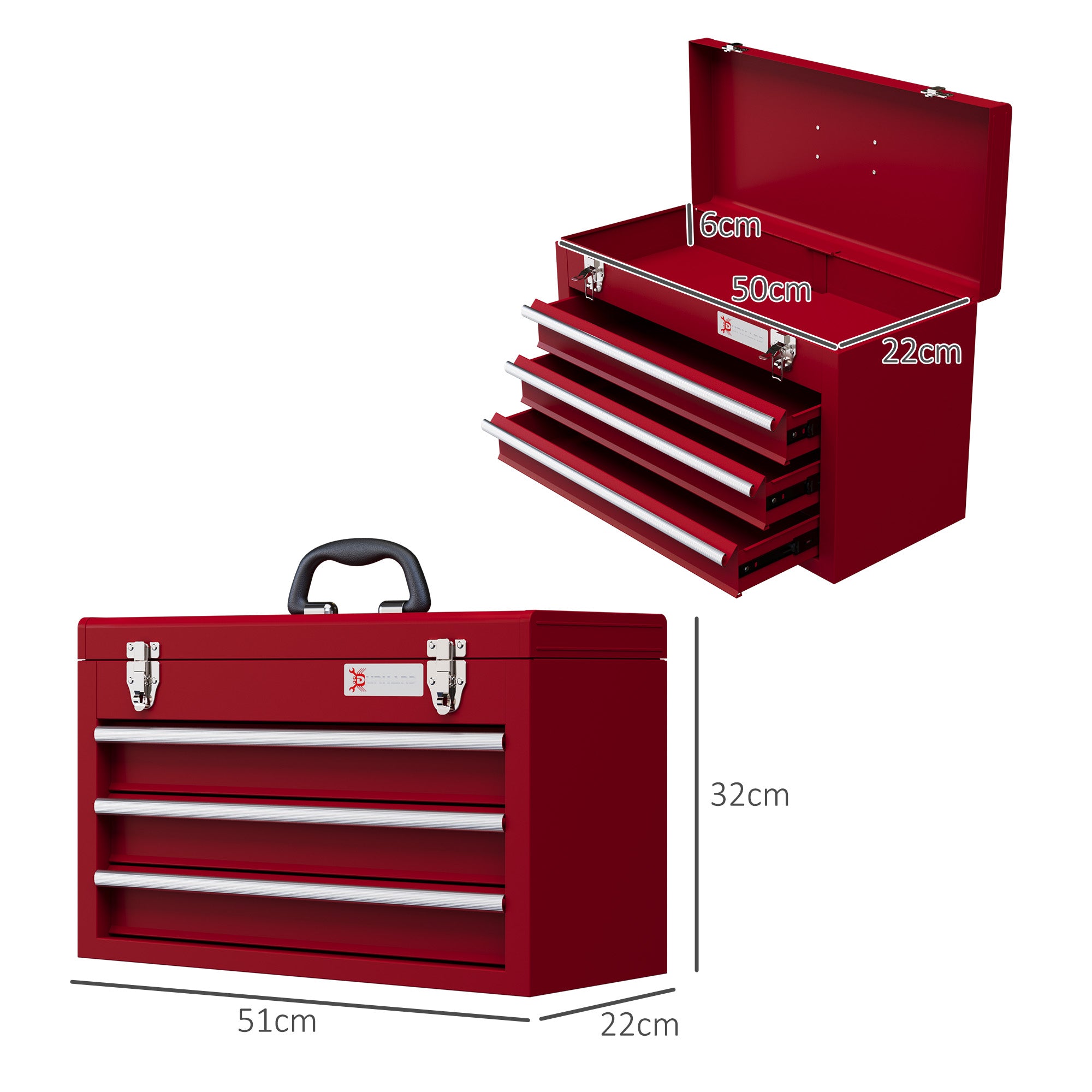 DURHAND Werkzeugkiste mit 3 Schubladen, oberes Staufach, Stahlverschlüsse, Tragegriff, 51x22x32 cm, Rot