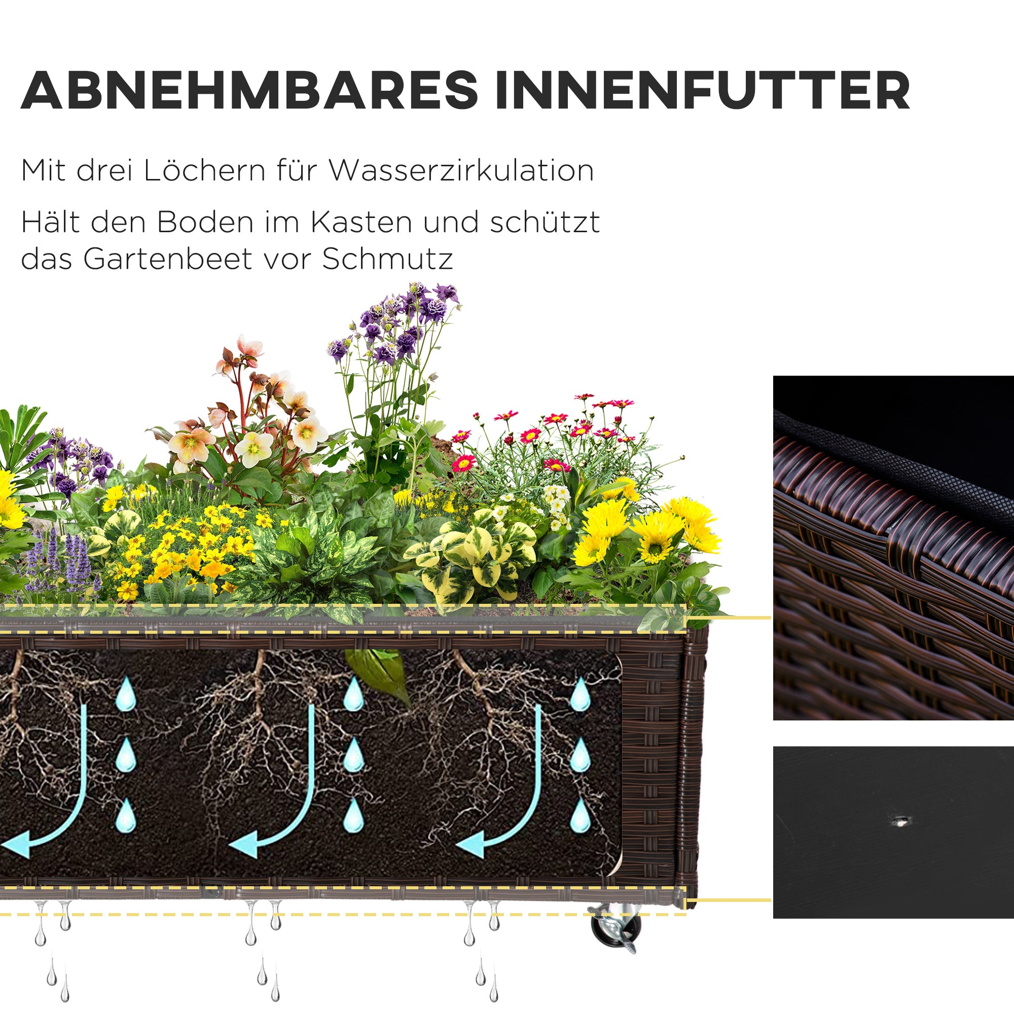 Outsunny Hochbeet Poly Rattan mit Rollen Pflanzkasten mit Abflusslöchern Blumenkasten Blumenkübel Kaffee-Braun 94,5 x 31 x 36 cm