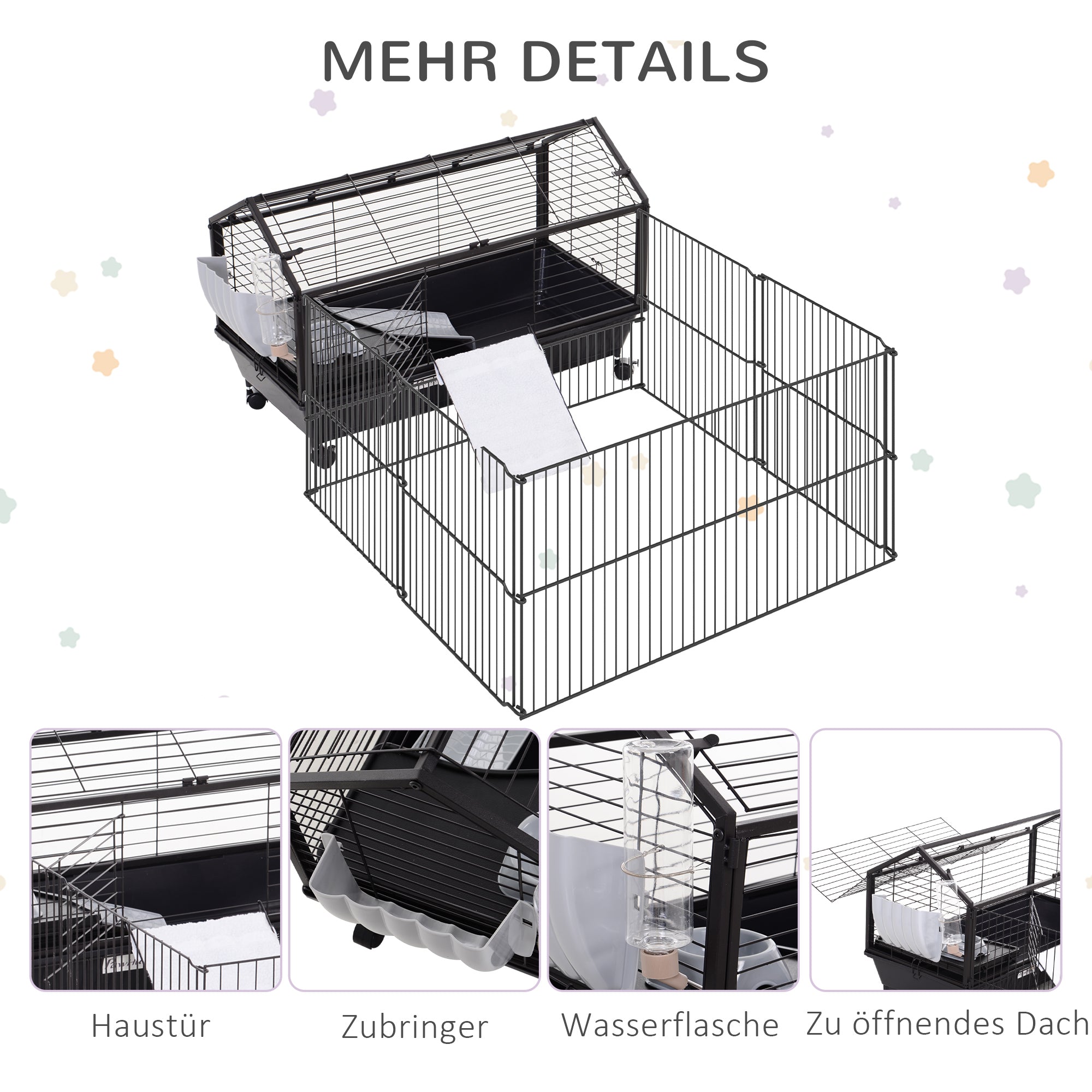 Pawhut Kleintierkäfig mit Freigehege inkl. Zubehör 88 cm x 128,5 cm x 56 cm  4 Rollen Schwarz Metall Polypropylen