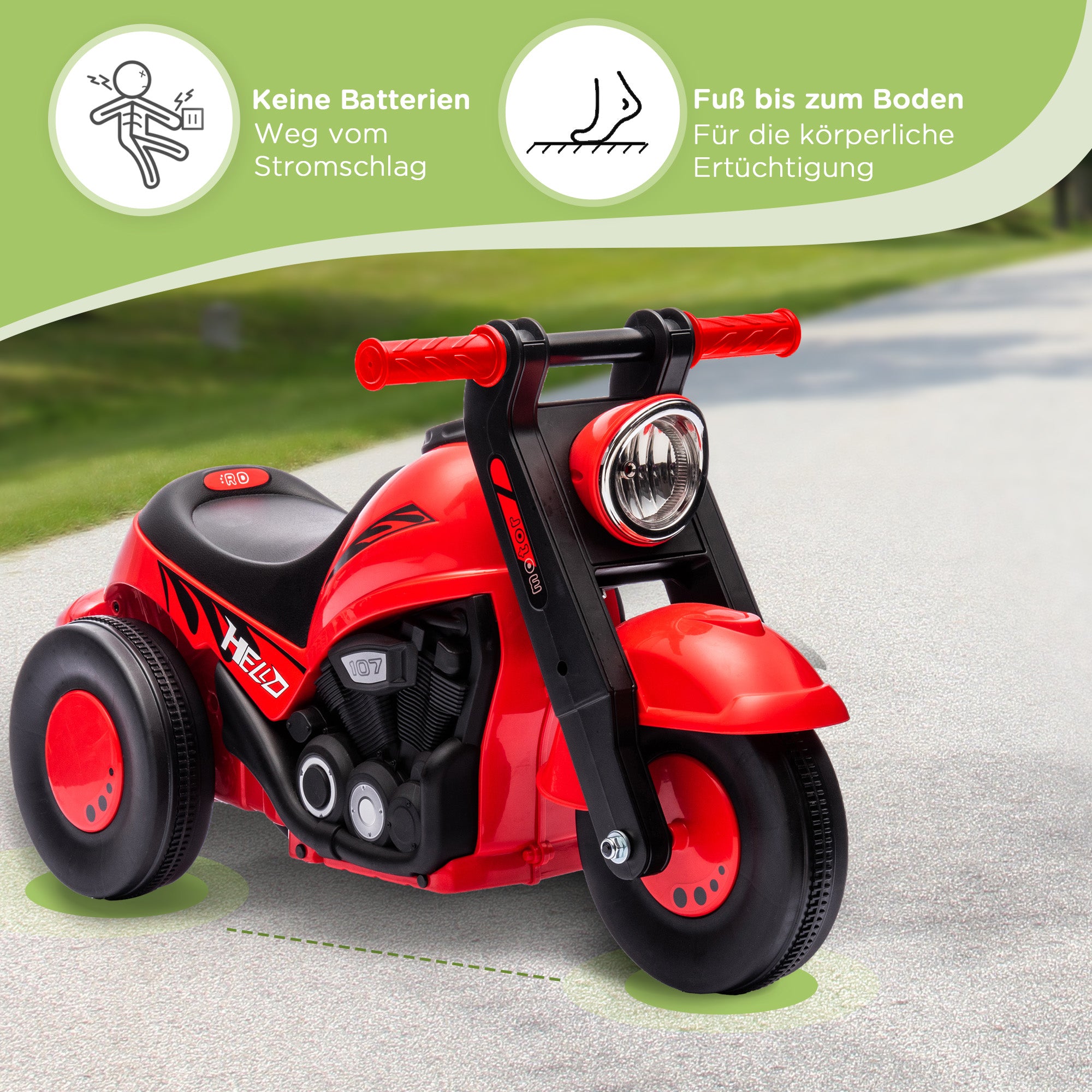 AIYAPLAY Rutschauto, Motorrad-Design, Musik und Seifenblasen, für 2-5 Jahre, Rot