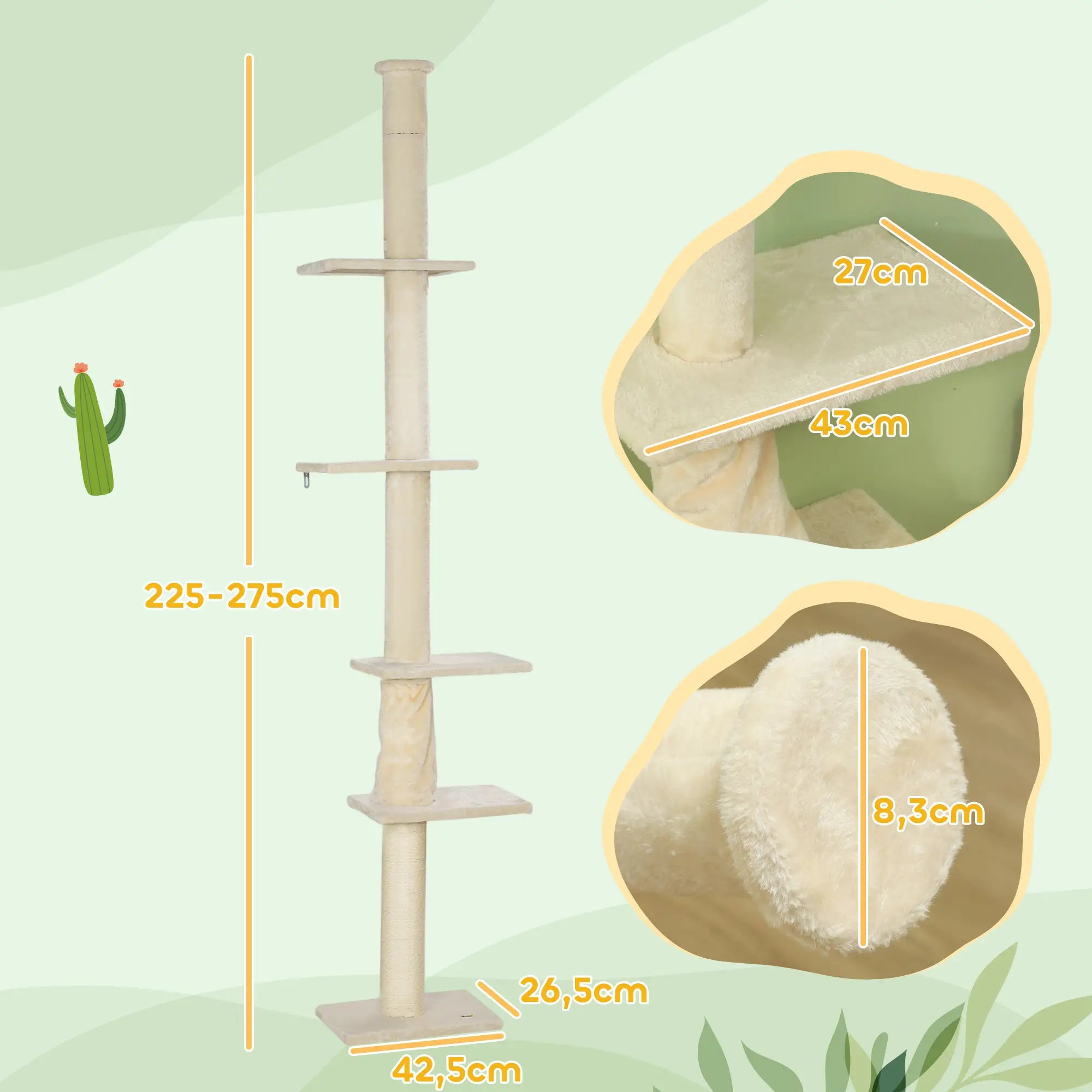 PawHut Kratzbaum, verstellbare Höhe 225-275 cm, stabile Basis, Kippschutz, Plüschbezug, Cremeweiß
