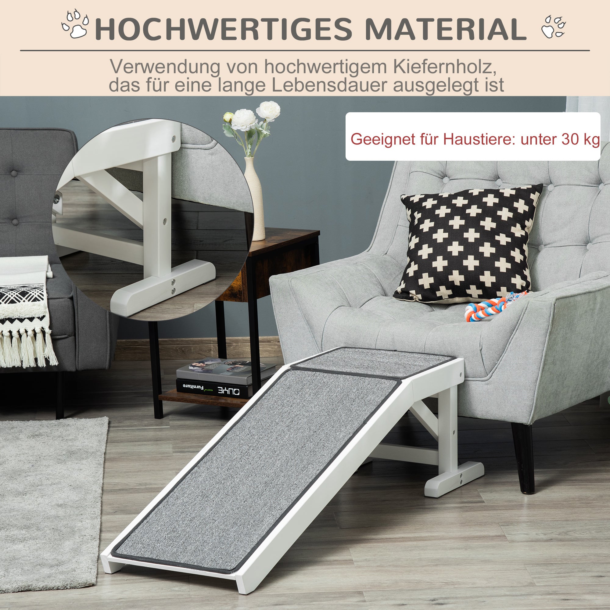 PawHut Haustierrampe mit rutschfestem Teppich 125 x 40 x 35,5cm Kiefernholz