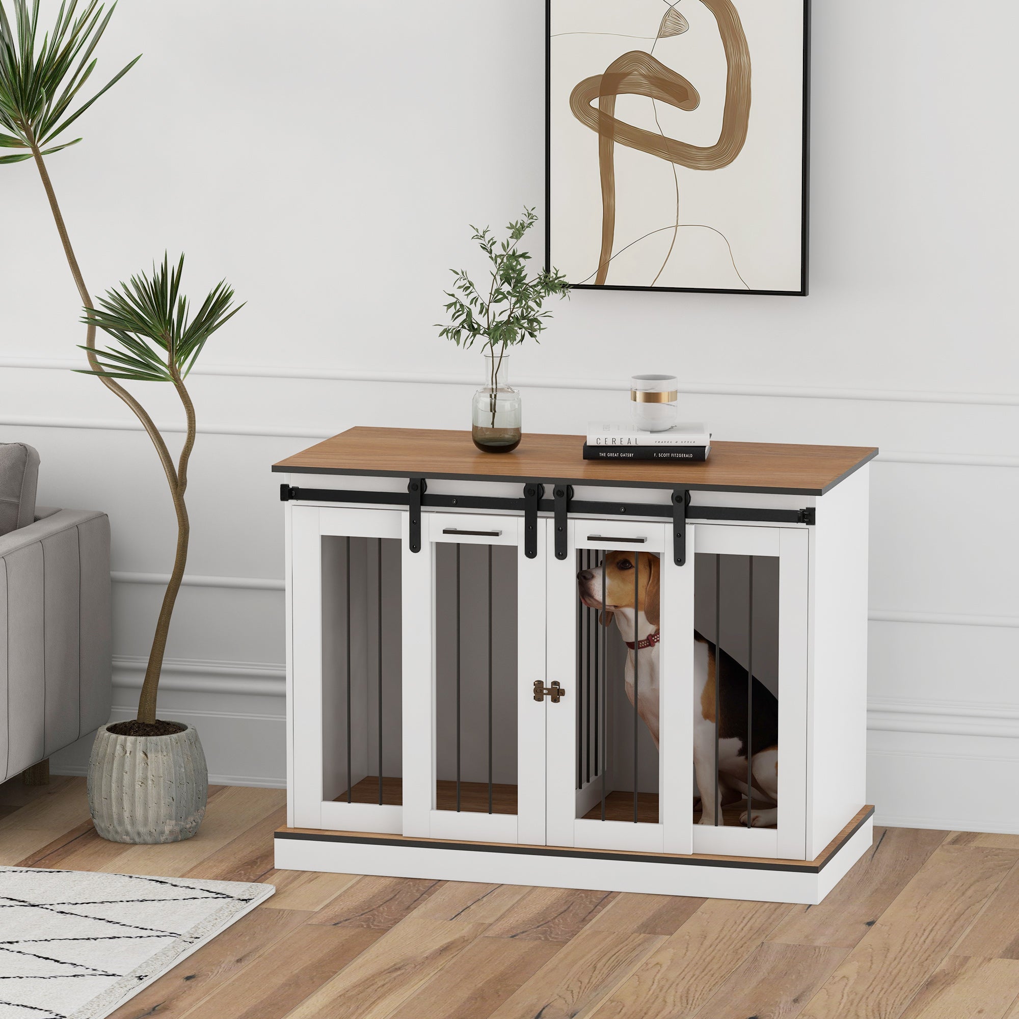 PawHut Hundekäfig mit 2 Türen, Hundebox, Transportbox für Hunde, rustikales Design, verriegelbar, Weiß