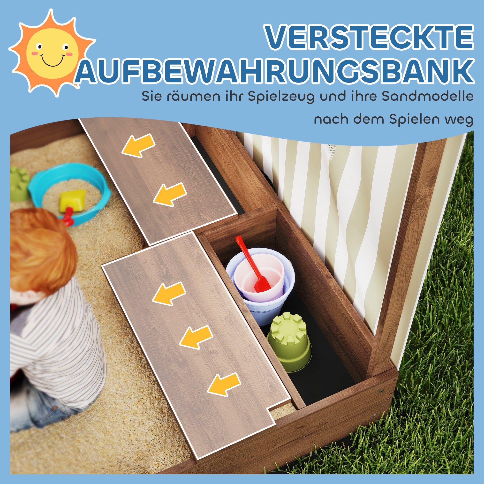 AIYAPLAY Sandkasten, Sandkiste mit Vordach und Netztür, Sitzbänke, Bodenschutz, Braun