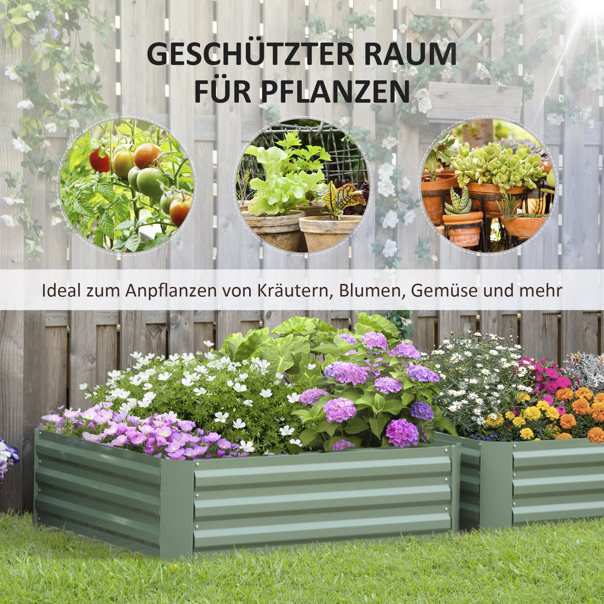 Outsunny Pflanzkasten, 2er-Set, Blumenkasten, offener Boden, Stahlrahmen, grün, (2 x) 100 x 100 x 30 cm