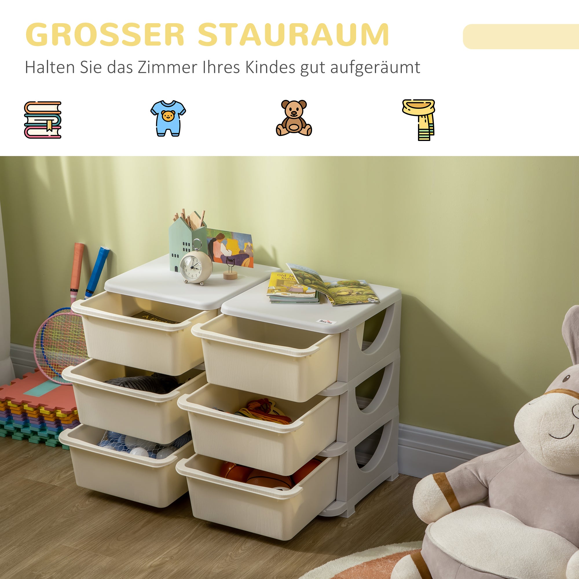 HOMCOM Aufbewahrungsbox für Kinder, Kinder-Aufbewahrungsbox, 3 Schubladen, Weiß