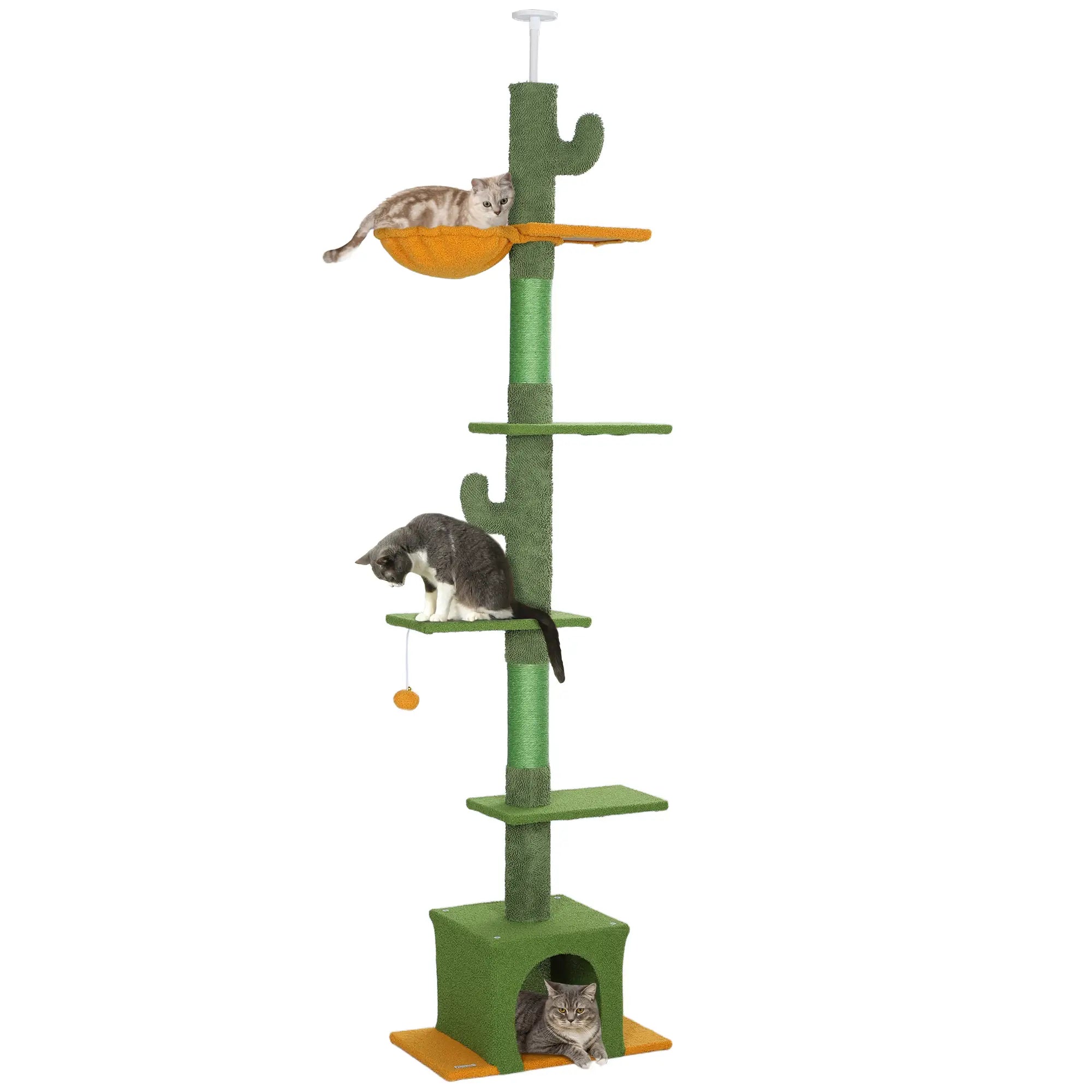 PawHut Höhenverstellbarer Kratzbaum 230-275 cm, platzsparend, Spielzentrum mit Hängematte, Grün