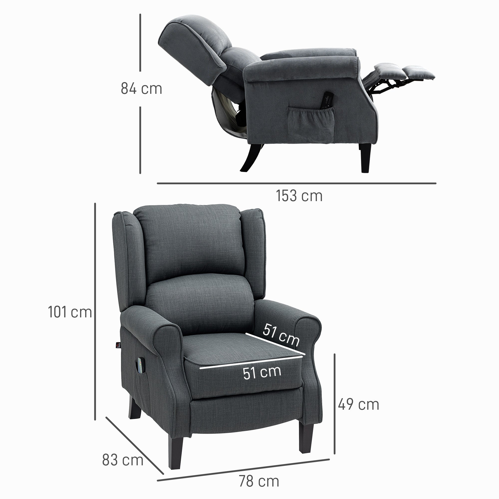 HOMCOM Massagesessel mit Heizfunktion, 2 Massagebereiche, Liegefunktion, bis 150 kg, Dunkelgrau
