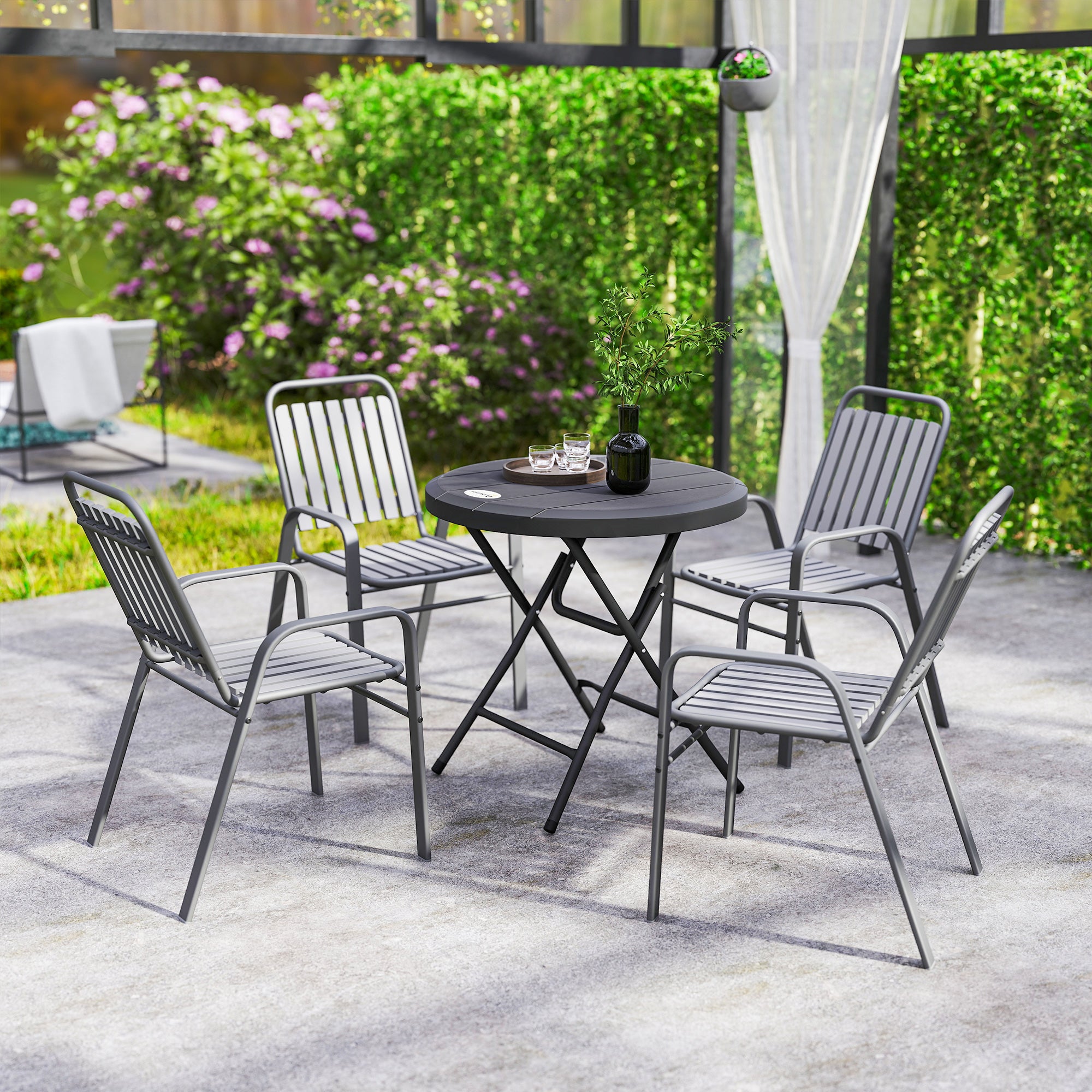 Outsunny Gartentisch, rund, klappbar, für 4 Personen, Holzoptik, Stahl+Kunststoff, dunkelgrau, 80 x 80 x 73 cm